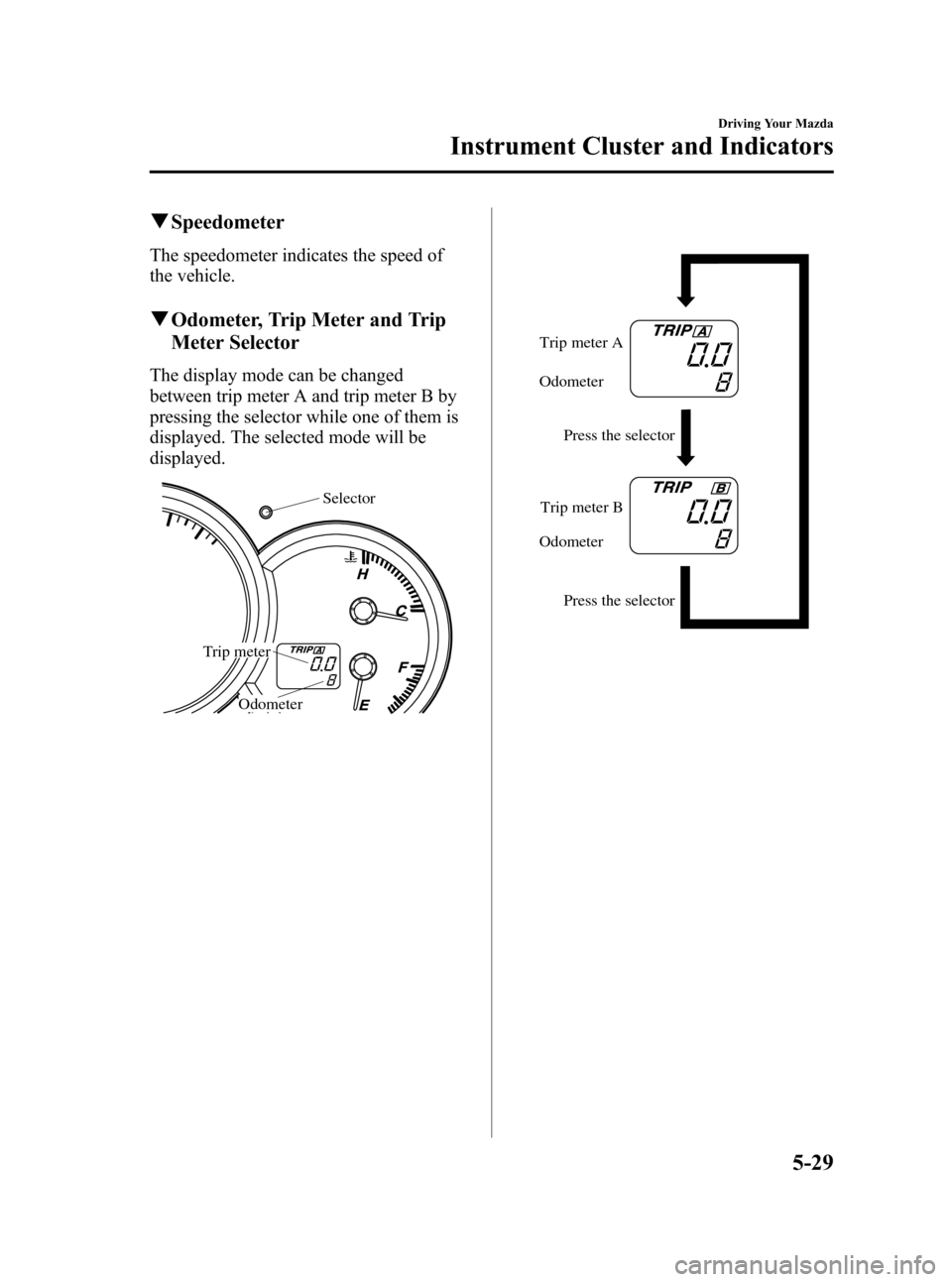 MAZDA MODEL 3 HATCHBACK 2006  Owners Manual (in English) Black plate (143,1)
qSpeedometer
The speedometer indicates the speed of
the vehicle.
qOdometer, Trip Meter and Trip
Meter Selector
The display mode can be changed
between trip meter A and trip meter B