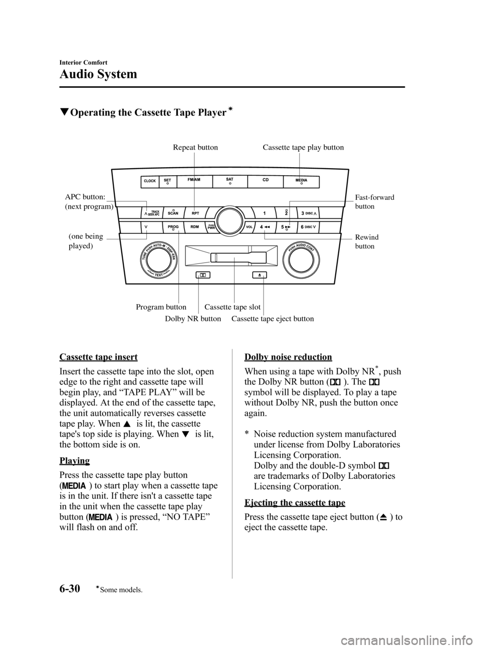 MAZDA MODEL 3 HATCHBACK 2006  Owners Manual (in English) Black plate (200,1)
qOperating the Cassette Tape Playerí
Cassette tape eject button Cassette tape slot Program button
Dolby NR buttonRepeat button Cassette tape play button
Fast-forward 
button
Rewin