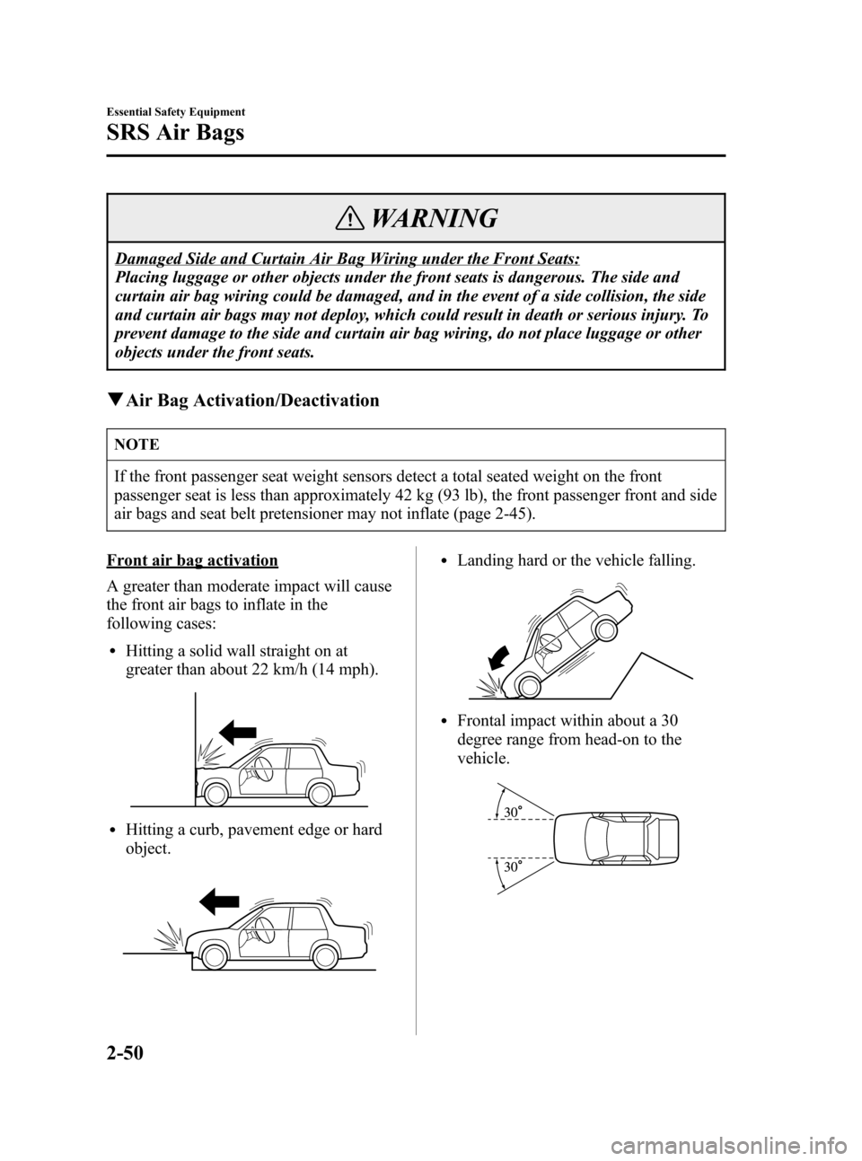MAZDA MODEL 3 HATCHBACK 2006   (in English) Repair Manual Black plate (64,1)
WARNING
Damaged Side and Curtain Air Bag Wiring under the Front Seats:
Placing luggage or other objects under the front seats is dangerous. The side and
curtain air bag wiring could