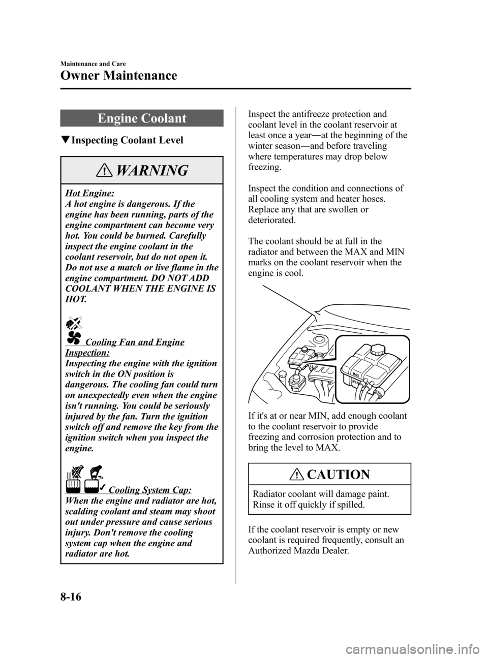 MAZDA MODEL 3 HATCHBACK 2005  Owners Manual (in English) Black plate (246,1)
Engine Coolant
qInspecting Coolant Level
WARNING
Hot Engine:
A hot engine is dangerous. If the
engine has been running, parts of the
engine compartment can become very
hot. You cou