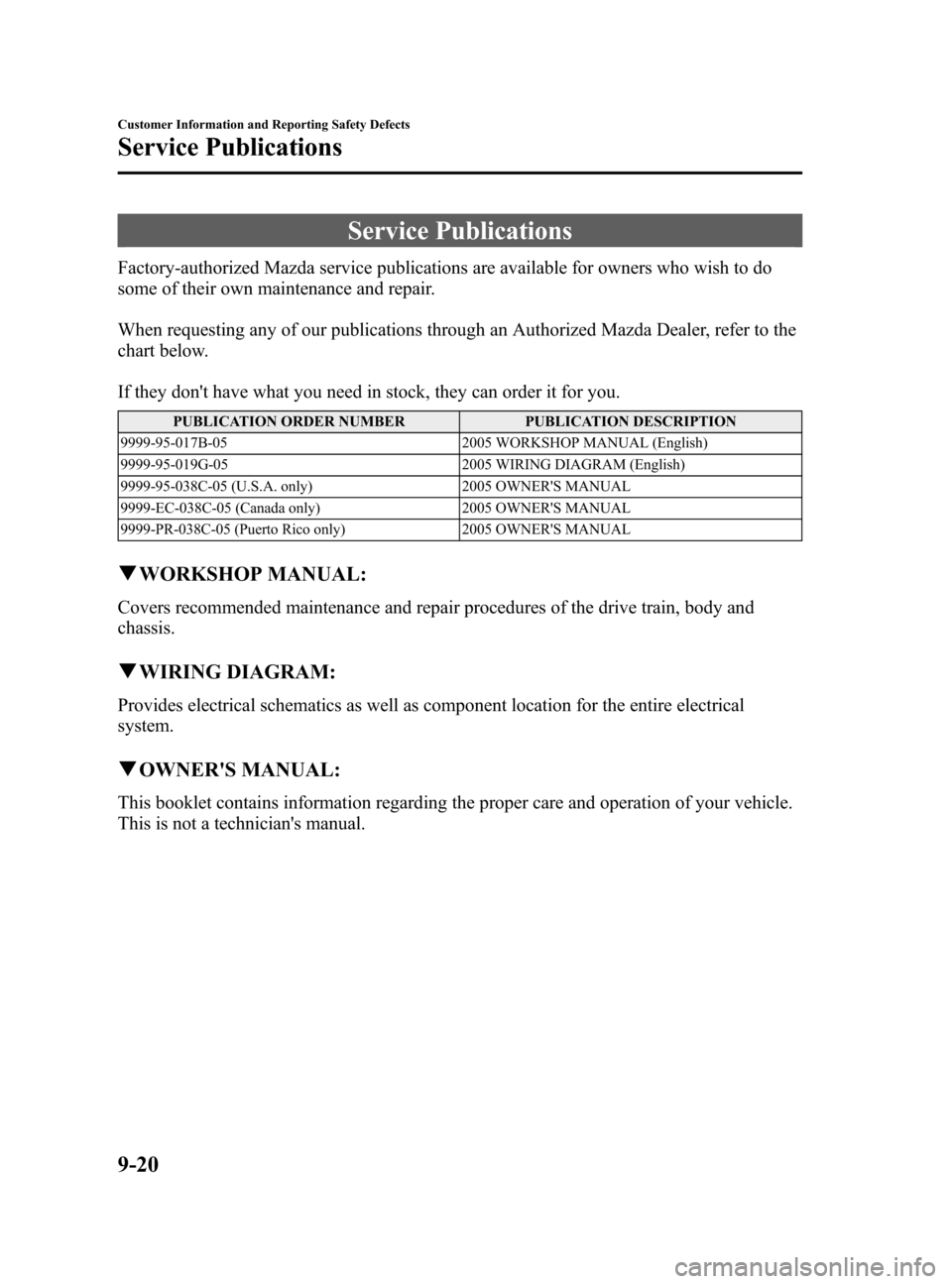 MAZDA MODEL 3 HATCHBACK 2005  Owners Manual (in English) Black plate (308,1)
Service Publications
Factory-authorized Mazda service publications are available for owners who wish to do
some of their own maintenance and repair.
When requesting any of our publ