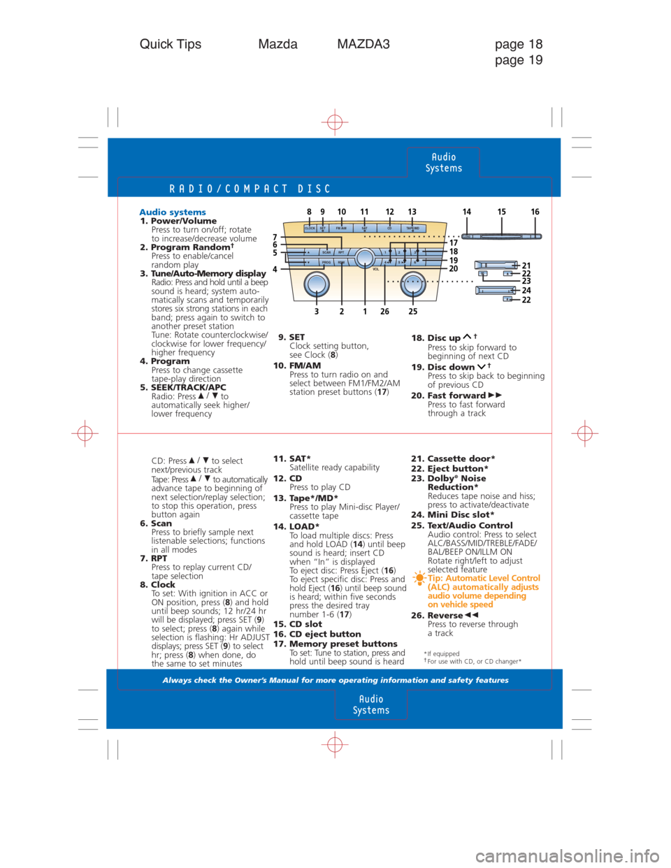 MAZDA MODEL 3 HATCHBACK 2005  Quick Tips (in English) 
RADIO/COMPACT DISC
Always check the Owner’s Manual for more operating information and safety features 
CD: Press to select
next/previous track
Tape: Press to automatically
advance tape to beginnin