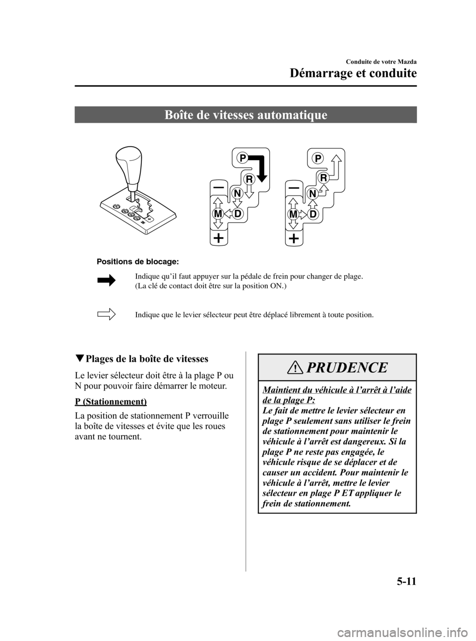MAZDA MODEL 3 HATCHBACK 2005  Manuel du propriétaire (in French) Black plate (135,1)
Boîte de vitesses automatique
Indique qu’il faut appuyer sur la pédale de frein pour changer de plage. 
(La clé de contact doit être sur la position ON.) 
Indique que le levi