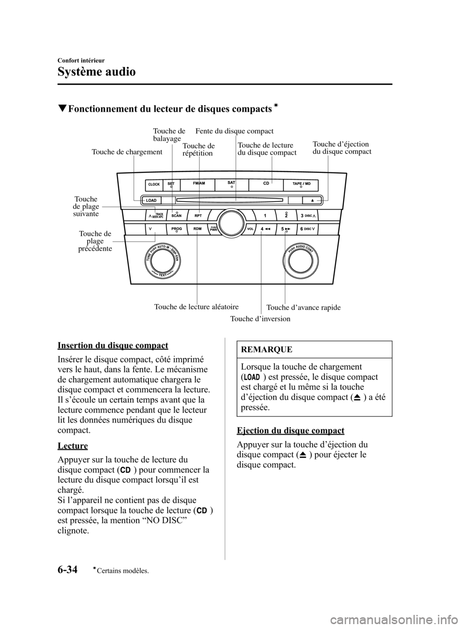 MAZDA MODEL 3 HATCHBACK 2005 Manuel du propriétaire (in French) Black plate (216,1)
qFonctionnement du lecteur de disques compactsí
Fente du disque compact
Touche d’inversionTouche d’avance rapide Touche de lecture aléatoire Touche
de plage
suivante
Touche MAZDA MODEL 3 HATCHBACK 2005 Manuel du propriétaire (in French) Black plate (216,1)
qFonctionnement du lecteur de disques compactsí
Fente du disque compact
Touche d’inversionTouche d’avance rapide Touche de lecture aléatoire Touche
de plage
suivante
Touche