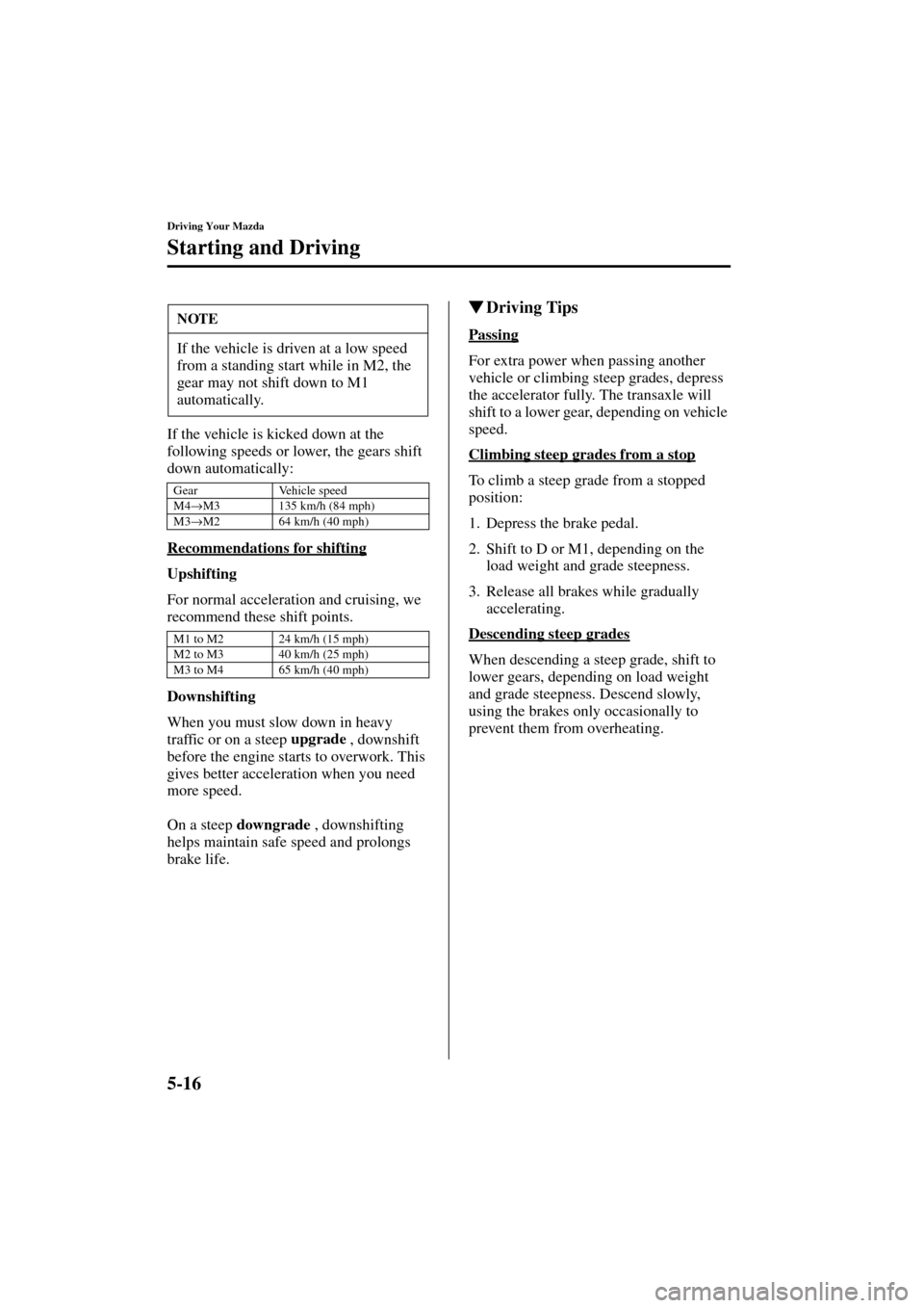 MAZDA MODEL 3 HATCHBACK 2004  Owners Manual (in English) 5-16
Driving Your Mazda
Starting and Driving
Form No. 8S18-EA-03I
If the vehicle is kicked down at the 
following speeds or lower, the gears shift 
down automatically:
Recommendations for shifting
Ups