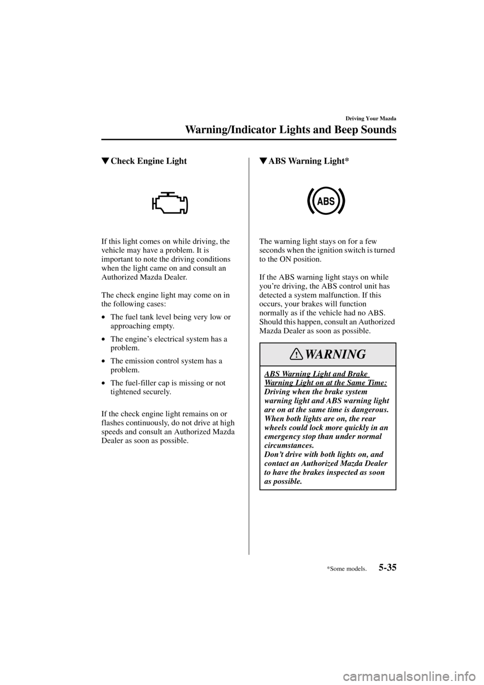 MAZDA MODEL 3 HATCHBACK 2004  Owners Manual (in English) 5-35
Driving Your Mazda
Warning/Indicator Lights and Beep Sounds
Form No. 8S18-EA-03I
Check Engine Light
If this light comes on while driving, the 
vehicle may have a problem. It is 
important to not