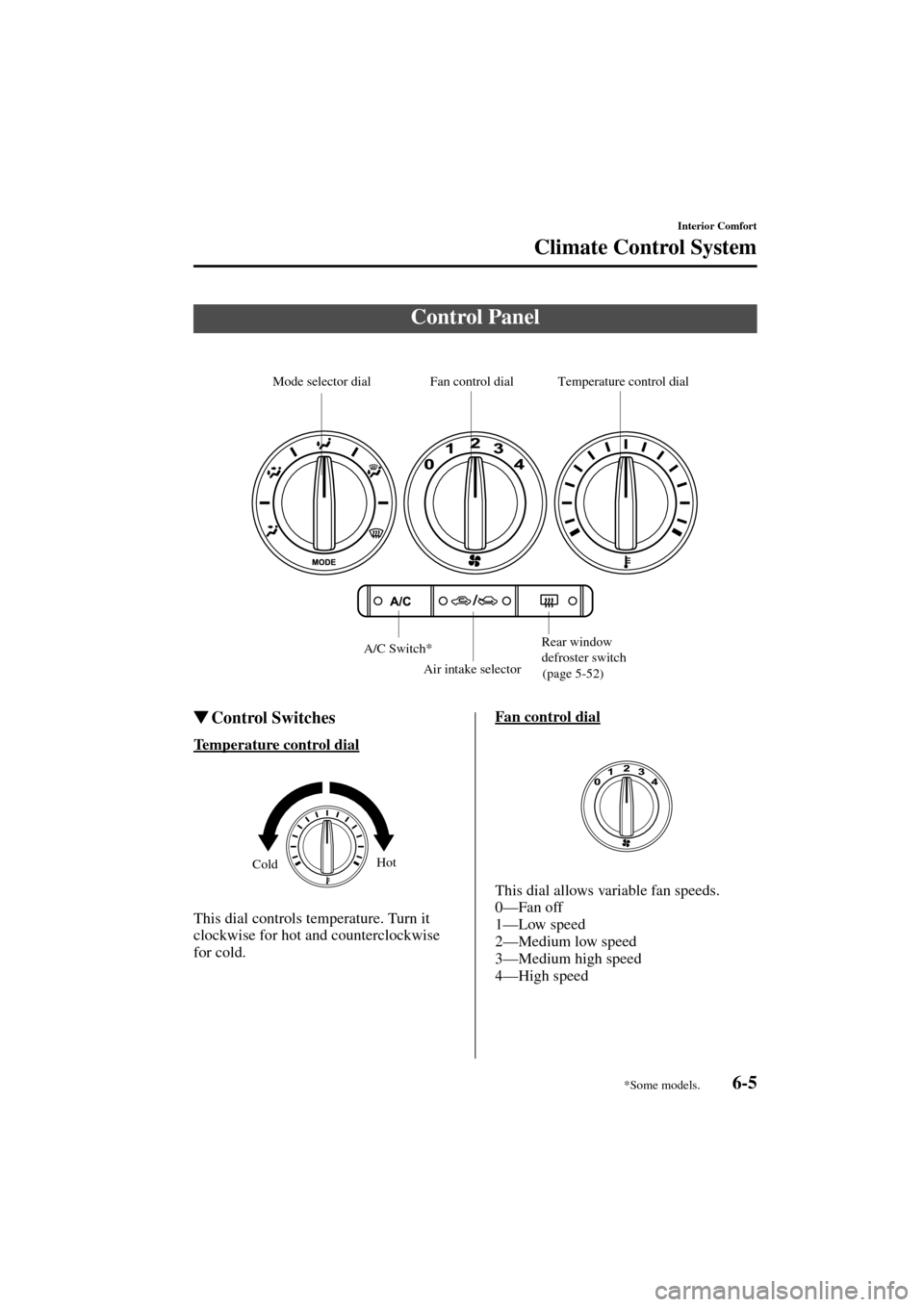 MAZDA MODEL 3 HATCHBACK 2004  Owners Manual (in English) 6-5
Interior Comfort
Climate Control System
Form No. 8S18-EA-03I
Control Switches
Temperature control dial
This dial controls temperature. Turn it 
clockwise for hot and counterclockwise 
for cold.Fa