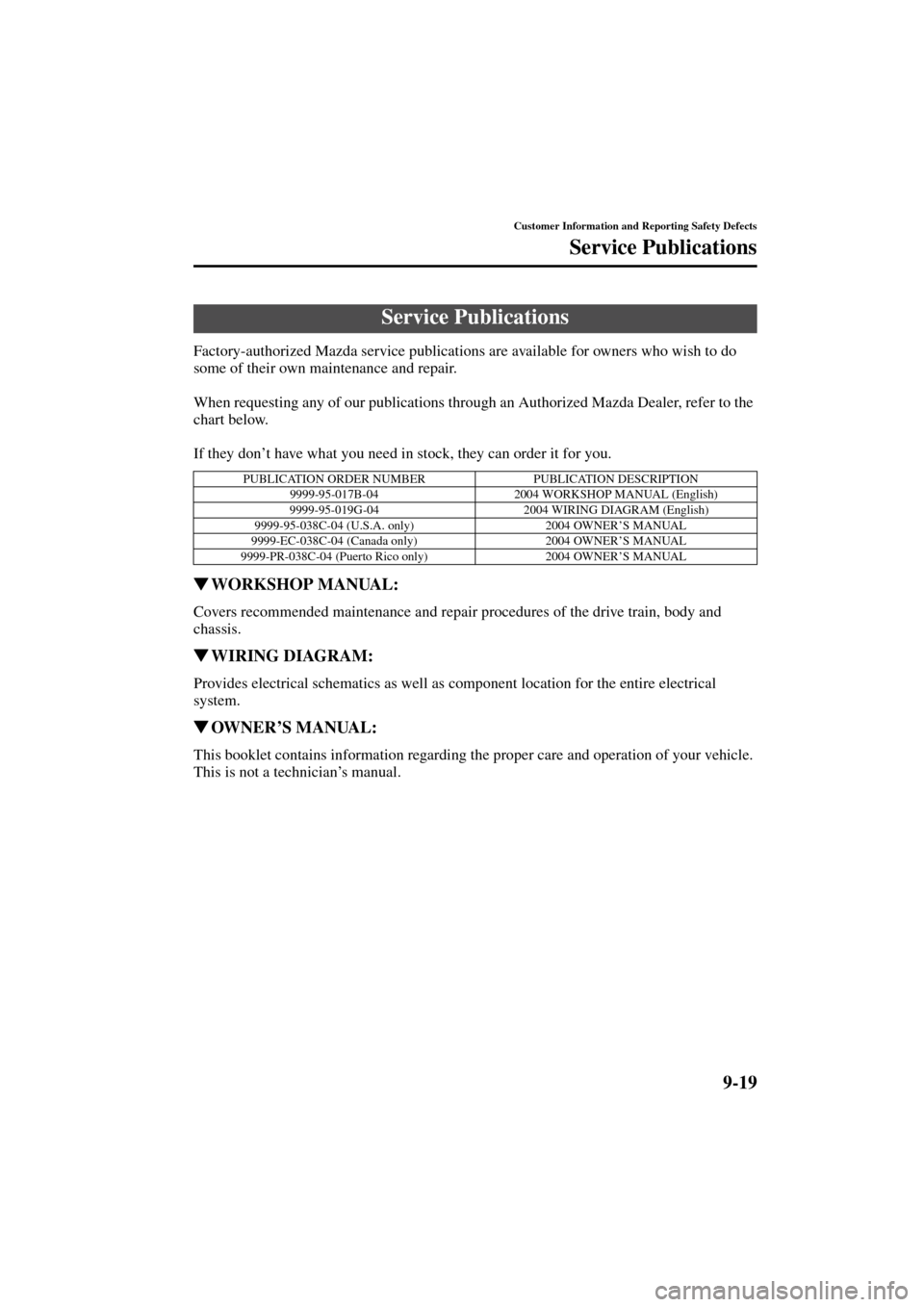 MAZDA MODEL 3 HATCHBACK 2004  Owners Manual (in English) 9-19
Customer Information and Reporting Safety Defects
Form No. 8S18-EA-03I
Service Publications
Factory-authorized Mazda service publications are available for owners who wish to do 
some of their ow