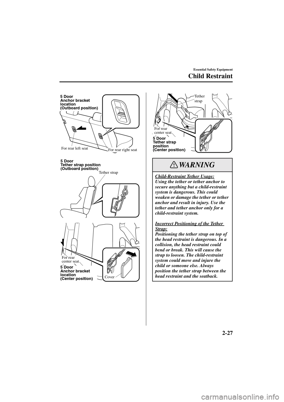 MAZDA MODEL 3 HATCHBACK 2004   (in English) Owners Guide 2-27
Essential Safety Equipment
Child Restraint
Form No. 8S18-EA-03I
For rear left seatFor rear right seat
5 Door
Anchor bracket 
location
(Outboard position)
5 Door
Tether strap position
(Outboard po