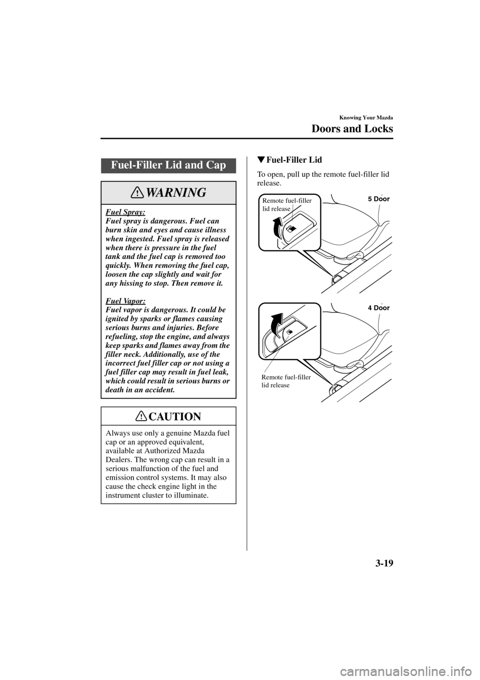 MAZDA MODEL 3 HATCHBACK 2004  Owners Manual (in English) 3-19
Knowing Your Mazda
Doors and Locks
Form No. 8S18-EA-03I
Fuel-Filler Lid
To open, pull up the remote fuel-filler lid 
release.
Fuel-Filler Lid and Cap
Fuel Spray:
Fuel spray is dangerous. Fuel ca