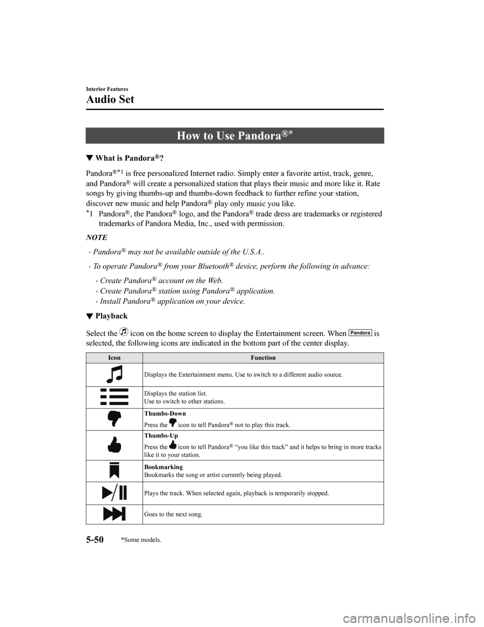 MAZDA MODEL 6 2020 Owners Manual (in English) How to Use Pandora®*
▼What is Pandora®?
Pandora®*1 is free personalized Internet ra
dio. Simply enter a favorite artist, track, genre,
and Pandora
® will create a personalized stati on that play MAZDA MODEL 6 2020 Owners Manual (in English) How to Use Pandora®*
▼What is Pandora®?
Pandora®*1 is free personalized Internet ra
dio. Simply enter a favorite artist, track, genre,
and Pandora
® will create a personalized stati on that play