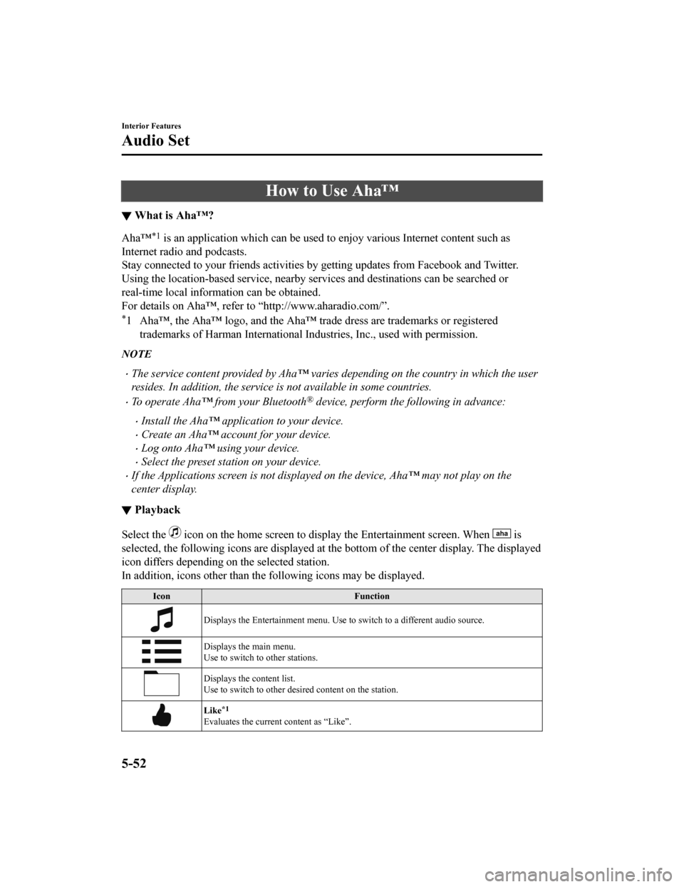 MAZDA MODEL 6 2020 Owners Manual (in English) How to Use Aha™
▼What is Aha™?
Aha™*1 is an application which can be used to enjoy various Internet
content such as
Internet radio and podcasts.
Stay connected to your friends activities by MAZDA MODEL 6 2020 Owners Manual (in English) How to Use Aha™
▼What is Aha™?
Aha™*1 is an application which can be used to enjoy various Internet
content such as
Internet radio and podcasts.
Stay connected to your friends activities by