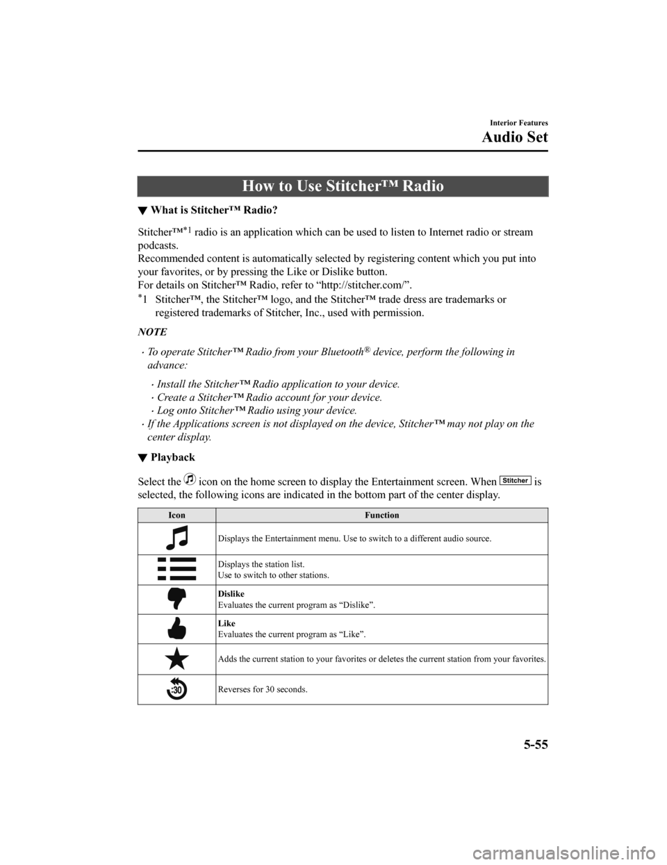 MAZDA MODEL 6 2020 Owners Manual (in English) How to Use Stitcher™ Radio
▼What is Stitcher™ Radio?
Stitcher™*1 radio is an application which ca
n be used to listen to Internet radio or stream
podcasts.
Recommended content is automatically MAZDA MODEL 6 2020 Owners Manual (in English) How to Use Stitcher™ Radio
▼What is Stitcher™ Radio?
Stitcher™*1 radio is an application which ca
n be used to listen to Internet radio or stream
podcasts.
Recommended content is automatically