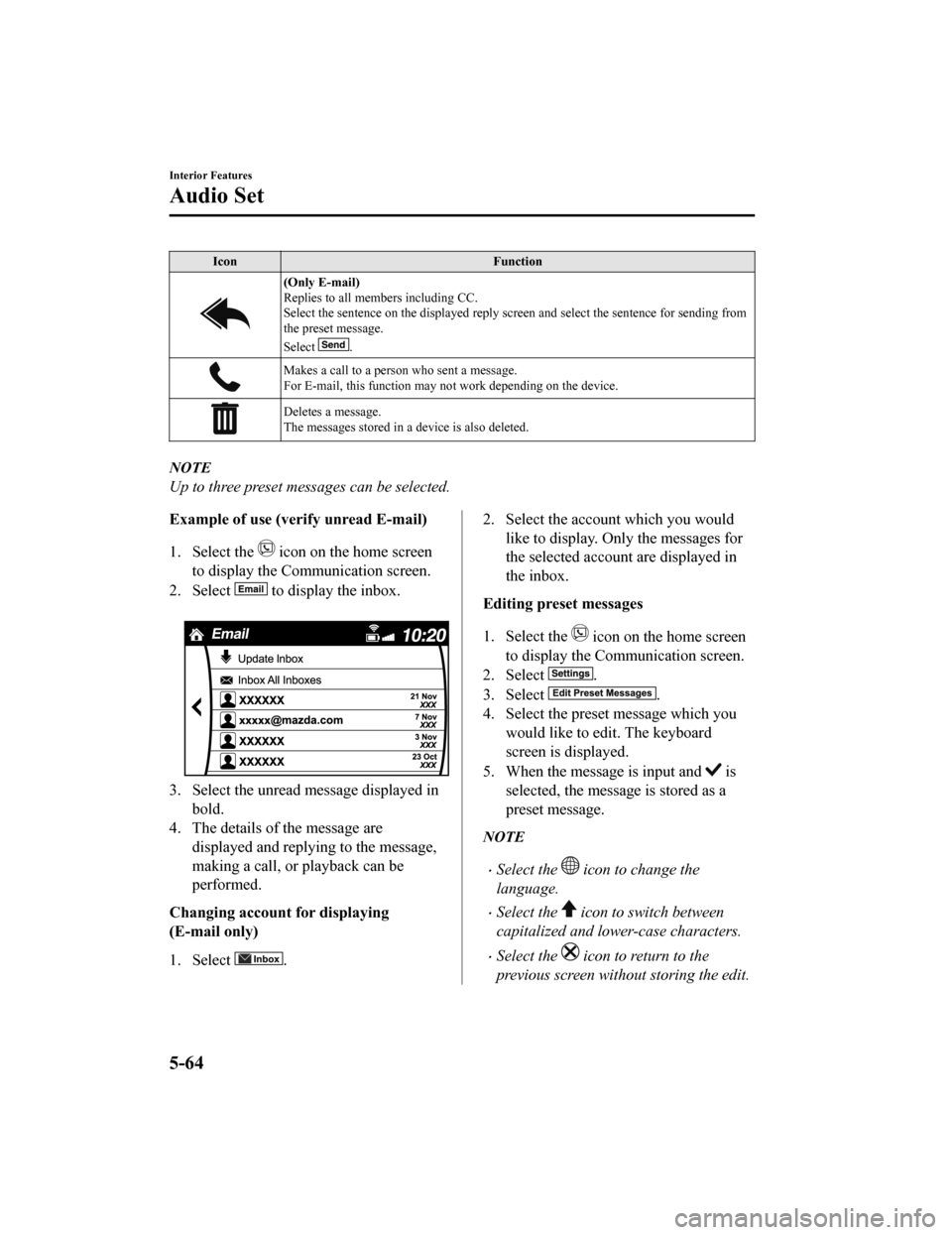MAZDA MODEL 6 2020 Owners Manual (in English) IconFunction
(Only E-mail)
Replies to all members including CC.
Select the sentence on the displayed reply screen and select the sentence for sending from
the preset message.
Select
.
Makes a call to MAZDA MODEL 6 2020 Owners Manual (in English) IconFunction
(Only E-mail)
Replies to all members including CC.
Select the sentence on the displayed reply screen and select the sentence for sending from
the preset message.
Select
.
Makes a call to