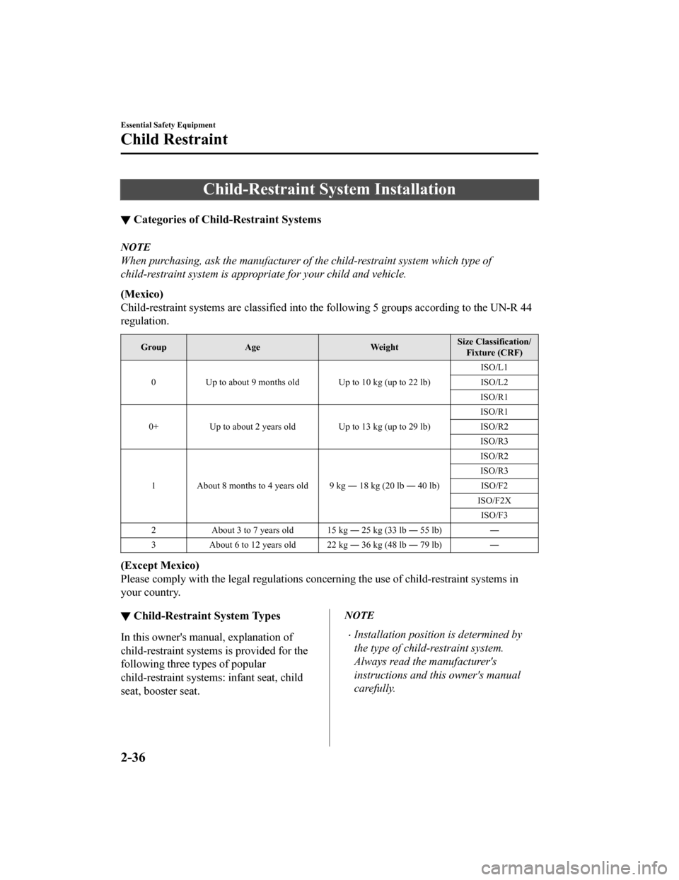 MAZDA MODEL 6 2020 Owners Manual (in English) Child-Restraint System Installation
▼Categories of Child-Restraint Systems
NOTE
When purchasing, ask the manufacturer of the child-restraint system which type of
child-restraint system is appropriat MAZDA MODEL 6 2020 Owners Manual (in English) Child-Restraint System Installation
▼Categories of Child-Restraint Systems
NOTE
When purchasing, ask the manufacturer of the child-restraint system which type of
child-restraint system is appropriat