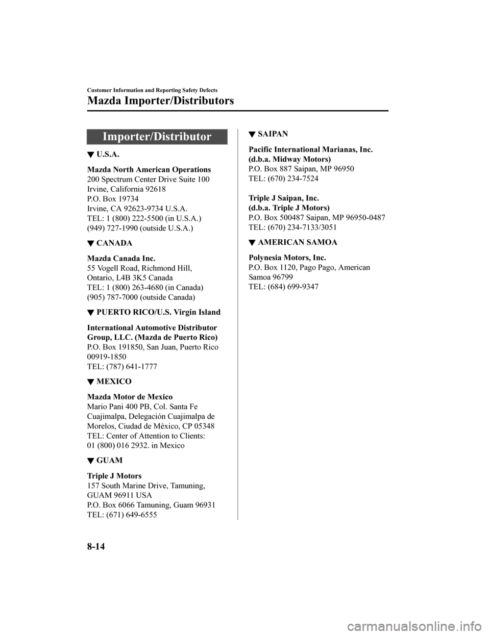 MAZDA MODEL 6 2020  Owners Manual (in English) Importer/Distributor
▼U.S.A.
Mazda North American Operations
200 Spectrum Center Drive Suite 100
Irvine, California 92618
P.O. Box 19734
Irvine, CA 92623-9734 U.S.A.
TEL: 1 (800) 222-5500 (in U.S.A.