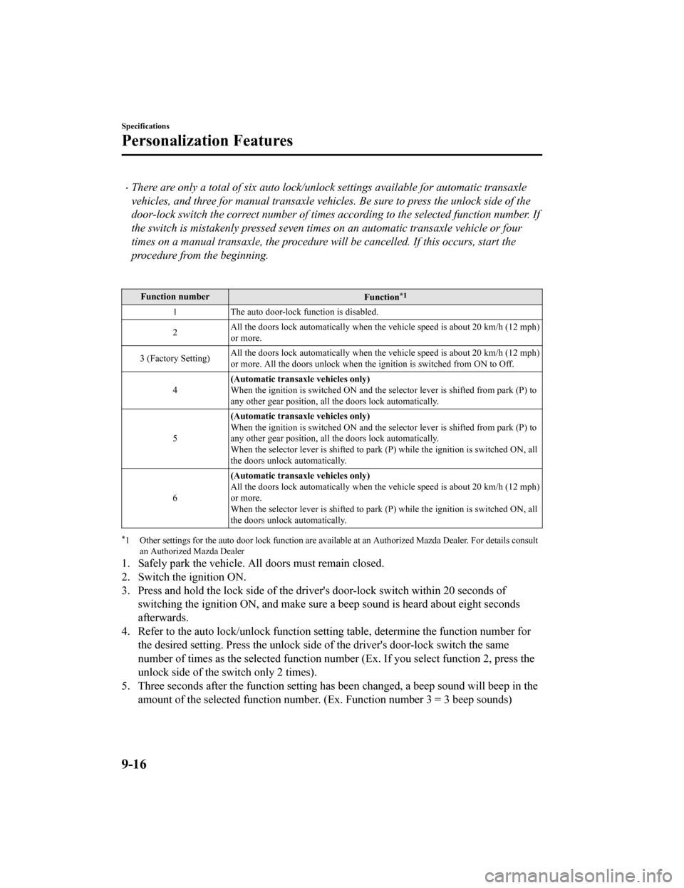 MAZDA MODEL 6 2020 Owners Manual (in English) There are only a total of six auto lock/unlock settings available for automatic transaxle
vehicles, and three for manual transaxle vehicles. Be sure to press the unlock side of the
door-lock switch MAZDA MODEL 6 2020 Owners Manual (in English) There are only a total of six auto lock/unlock settings available for automatic transaxle
vehicles, and three for manual transaxle vehicles. Be sure to press the unlock side of the
door-lock switch