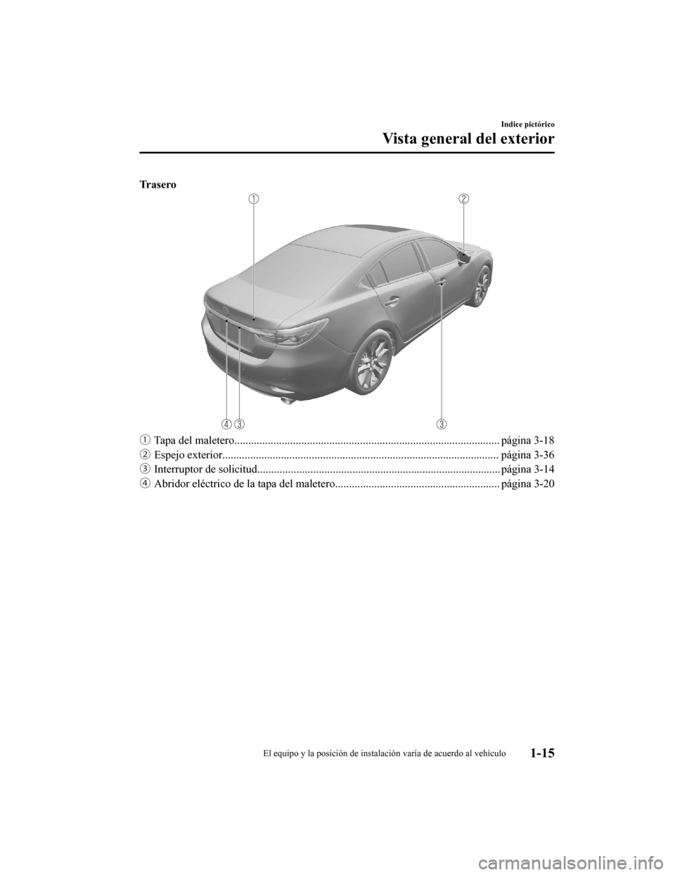 MAZDA MODEL 6 2020  Manual del propietario (in Spanish) Tr a s e r o
ƒTapa del maletero.............................................. ................................................. página 3-18
„ Espejo exterior.....................................