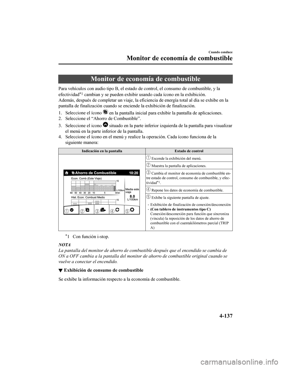 MAZDA MODEL 6 2020 Manual del propietario (in Spanish) Monitor de economía de combustible
Para vehículos con audio tipo B, el estado de control, el consumo de combustible, y la
efectividad
*1 cambian y se pueden exhibir usando cada ícono en la exhibici MAZDA MODEL 6 2020 Manual del propietario (in Spanish) Monitor de economía de combustible
Para vehículos con audio tipo B, el estado de control, el consumo de combustible, y la
efectividad
*1 cambian y se pueden exhibir usando cada ícono en la exhibici