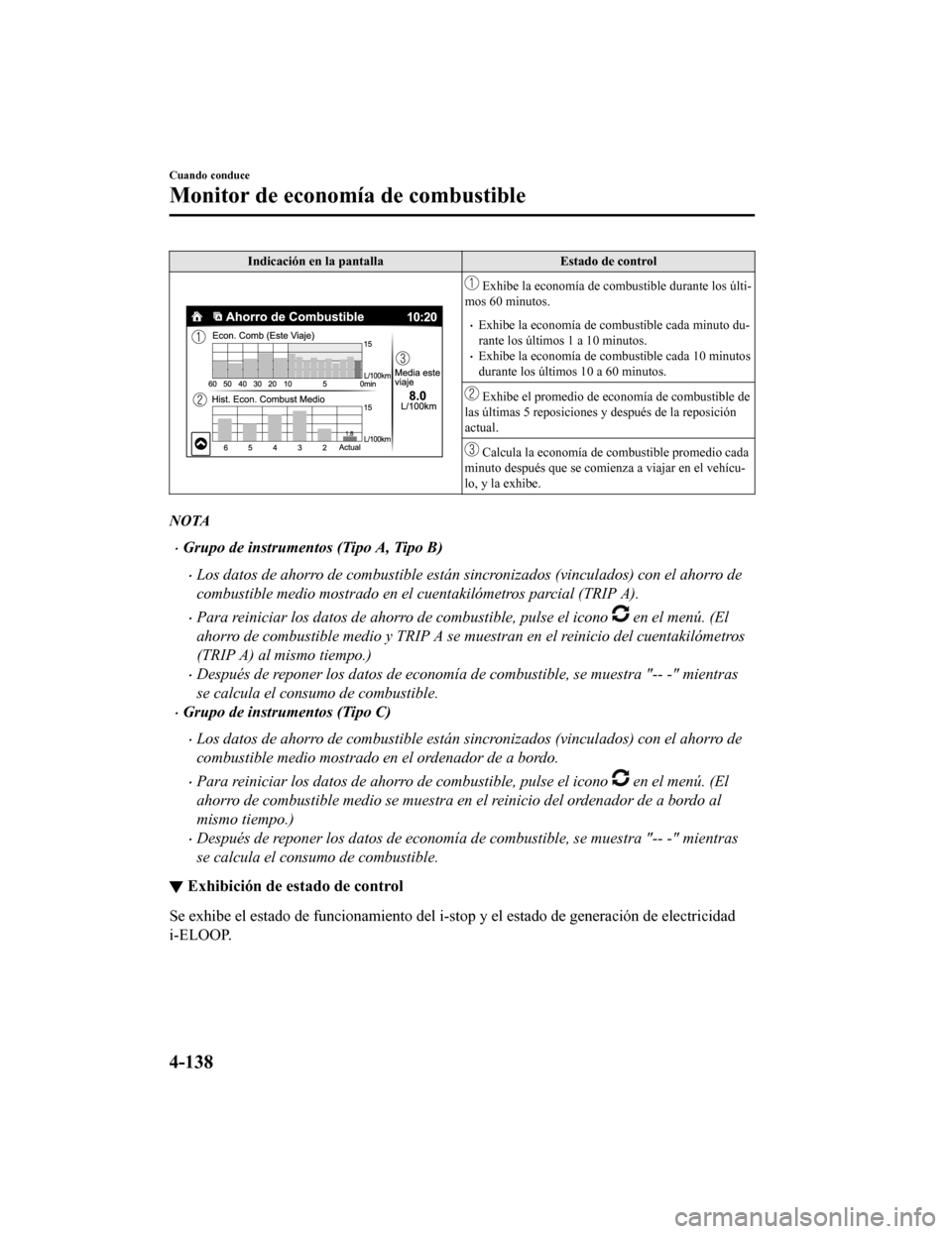 MAZDA MODEL 6 2020 Manual del propietario (in Spanish) Indicación en la pantallaEstado de control
Exhibe la economía de combustible durante los últi-
mos 60 minutos.
•Exhibe la economía de combustible cada minuto du-
rante los últimos 1 a 10 minut MAZDA MODEL 6 2020 Manual del propietario (in Spanish) Indicación en la pantallaEstado de control
Exhibe la economía de combustible durante los últi-
mos 60 minutos.
•Exhibe la economía de combustible cada minuto du-
rante los últimos 1 a 10 minut