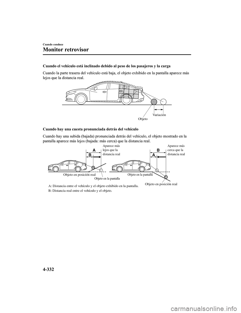MAZDA MODEL 6 2020 Manual del propietario (in Spanish) Cuando el vehículo está inclinado debido al peso de los pasajeros y la carga
Cuando la parte trasera del vehículo está baja, el objeto exhib ido en la pantalla aparece más
lejos que la distancia MAZDA MODEL 6 2020 Manual del propietario (in Spanish) Cuando el vehículo está inclinado debido al peso de los pasajeros y la carga
Cuando la parte trasera del vehículo está baja, el objeto exhib ido en la pantalla aparece más
lejos que la distancia