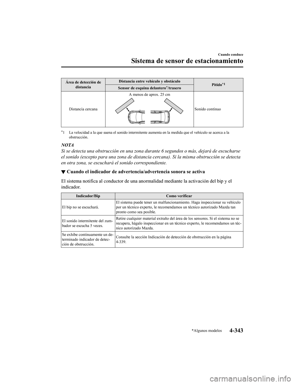 MAZDA MODEL 6 2020 Manual del propietario (in Spanish) Área de detección dedistancia Distancia entre vehículo y obstáculo
Pitido*1Sensor de esquina delantero*/trasero
Distancia cercana A menos de aprox. 25 cm
Sonido continuo
*1 La velocidad a la que s MAZDA MODEL 6 2020 Manual del propietario (in Spanish) Área de detección dedistancia Distancia entre vehículo y obstáculo
Pitido*1Sensor de esquina delantero*/trasero
Distancia cercana A menos de aprox. 25 cm
Sonido continuo
*1 La velocidad a la que s