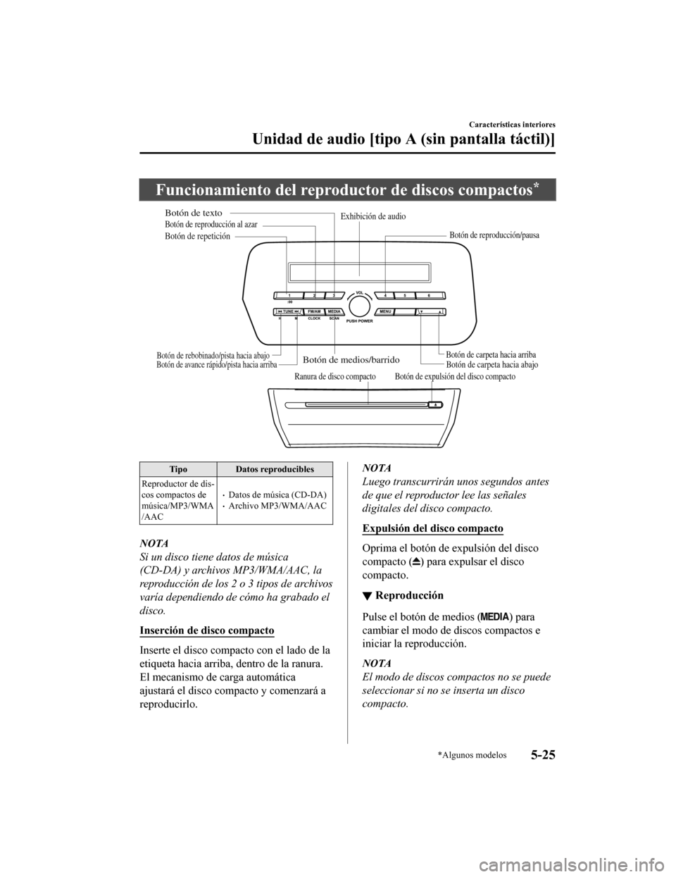 MAZDA MODEL 6 2020 Manual del propietario (in Spanish) Funcionamiento del reproductor de discos compactos*
Ranura de disco compactoBotón de expulsión del disco compacto
Botón de medios/barridoBotón de carpeta hacia abajoBotón de carpeta hacia arribaB MAZDA MODEL 6 2020 Manual del propietario (in Spanish) Funcionamiento del reproductor de discos compactos*
Ranura de disco compactoBotón de expulsión del disco compacto
Botón de medios/barridoBotón de carpeta hacia abajoBotón de carpeta hacia arribaB