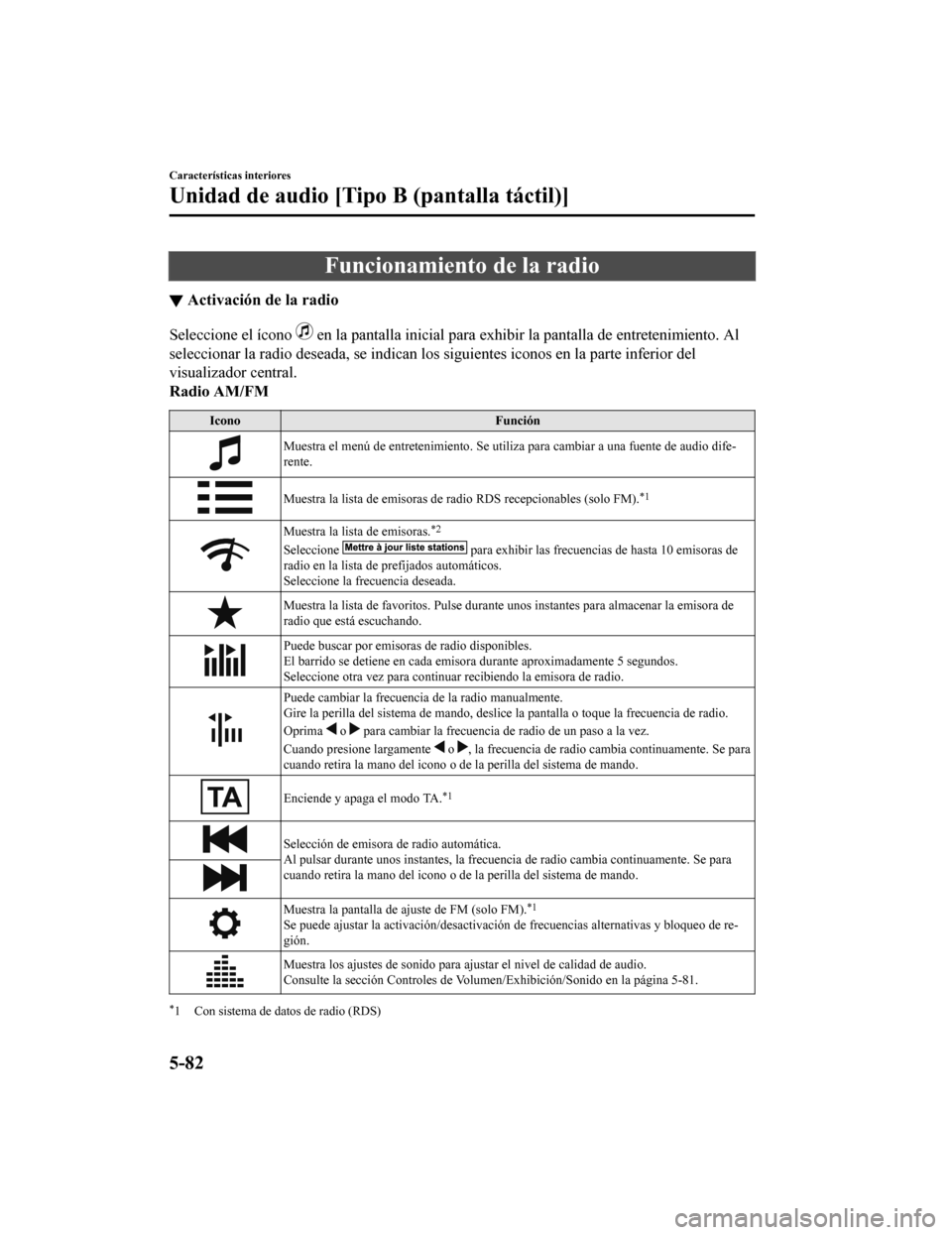 MAZDA MODEL 6 2020 Manual del propietario (in Spanish) Funcionamiento de la radio
▼Activación de la radio
Seleccione el ícono en la pantalla inicial para exhibir la pantalla de entretenimi
ento. Al
seleccionar la radio deseada, se indican los siguien MAZDA MODEL 6 2020 Manual del propietario (in Spanish) Funcionamiento de la radio
▼Activación de la radio
Seleccione el ícono en la pantalla inicial para exhibir la pantalla de entretenimi
ento. Al
seleccionar la radio deseada, se indican los siguien