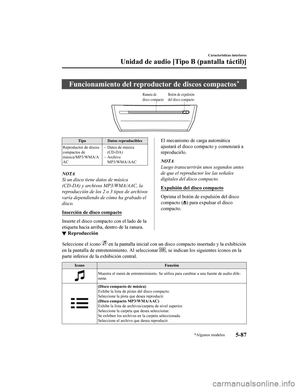 MAZDA MODEL 6 2020 Manual del propietario (in Spanish) Funcionamiento del reproductor de discos compactos*
Ranura de
disco compactoBotón de expulsión
del disco compacto
Tipo Datos reproducibles
Reproductor de discos
compactos de
música/MP3/WMA/A
AC
â MAZDA MODEL 6 2020 Manual del propietario (in Spanish) Funcionamiento del reproductor de discos compactos*
Ranura de
disco compactoBotón de expulsión
del disco compacto
Tipo Datos reproducibles
Reproductor de discos
compactos de
música/MP3/WMA/A
AC
â