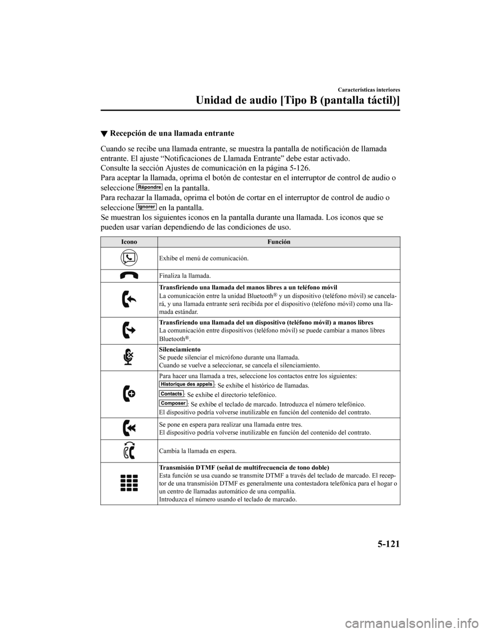 MAZDA MODEL 6 2020 Manual del propietario (in Spanish) ▼Recepción de una l
lamada entrante
Cuando se recibe una llamada ent rante, se muestra la pantalla de notificación de llamada
entrante. El ajuste “Notificaciones de Llamada Entrante” debe e st MAZDA MODEL 6 2020 Manual del propietario (in Spanish) ▼Recepción de una l
lamada entrante
Cuando se recibe una llamada ent rante, se muestra la pantalla de notificación de llamada
entrante. El ajuste “Notificaciones de Llamada Entrante” debe e st
