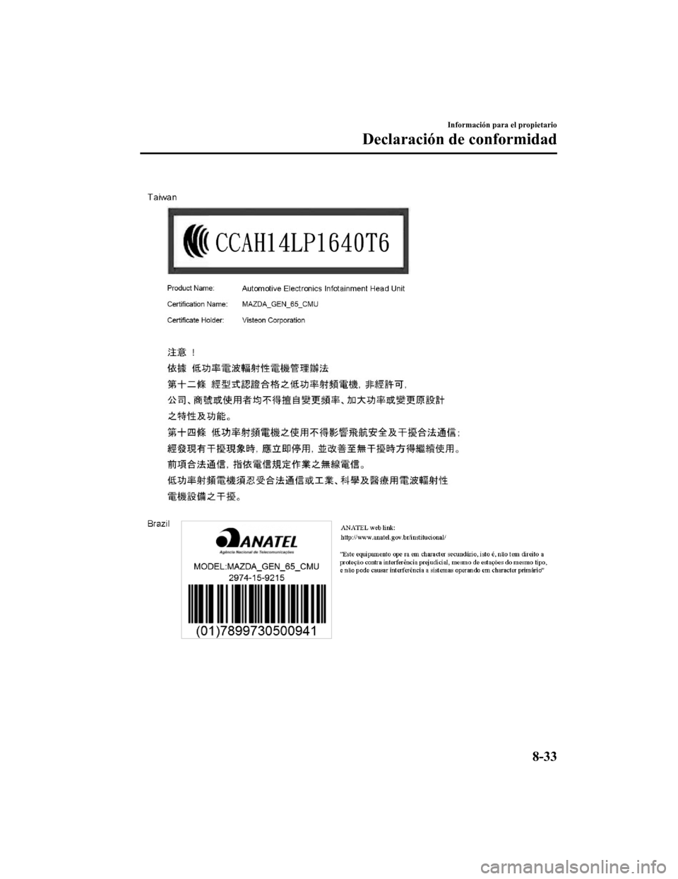MAZDA MODEL 6 2020 Manual del propietario (in Spanish) Información para el propietario
Declaración de conformidad
8-33
Mazda6_8GK5-SP-18C_Edition12018-2-27 17:57:56 MAZDA MODEL 6 2020 Manual del propietario (in Spanish) Información para el propietario
Declaración de conformidad
8-33
Mazda6_8GK5-SP-18C_Edition12018-2-27 17:57:56