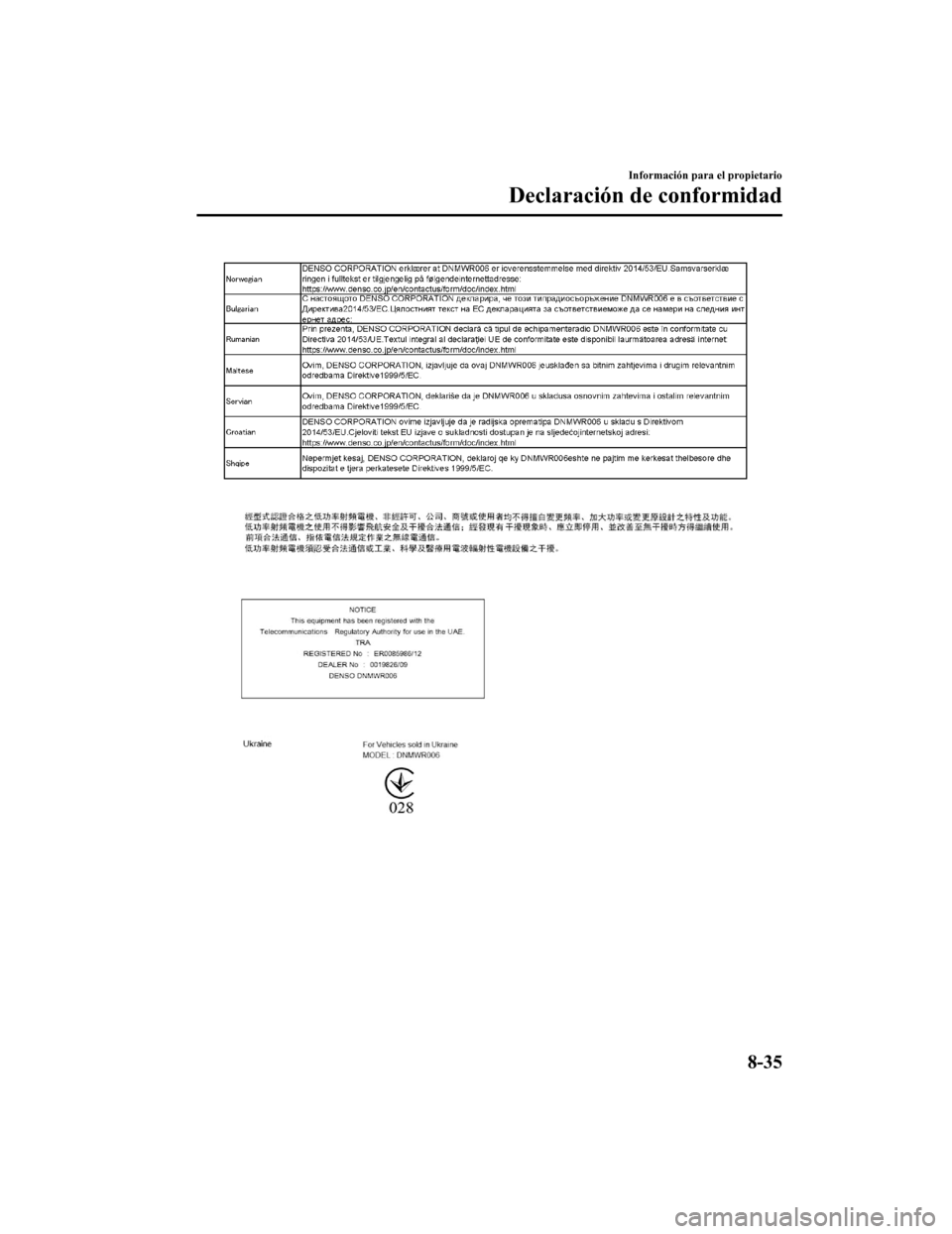 MAZDA MODEL 6 2020  Manual del propietario (in Spanish) Información para el propietario
Declaración de conformidad
8-35
Mazda6_8GK5-SP-18C_Edition12018-2-27 17:57:56 