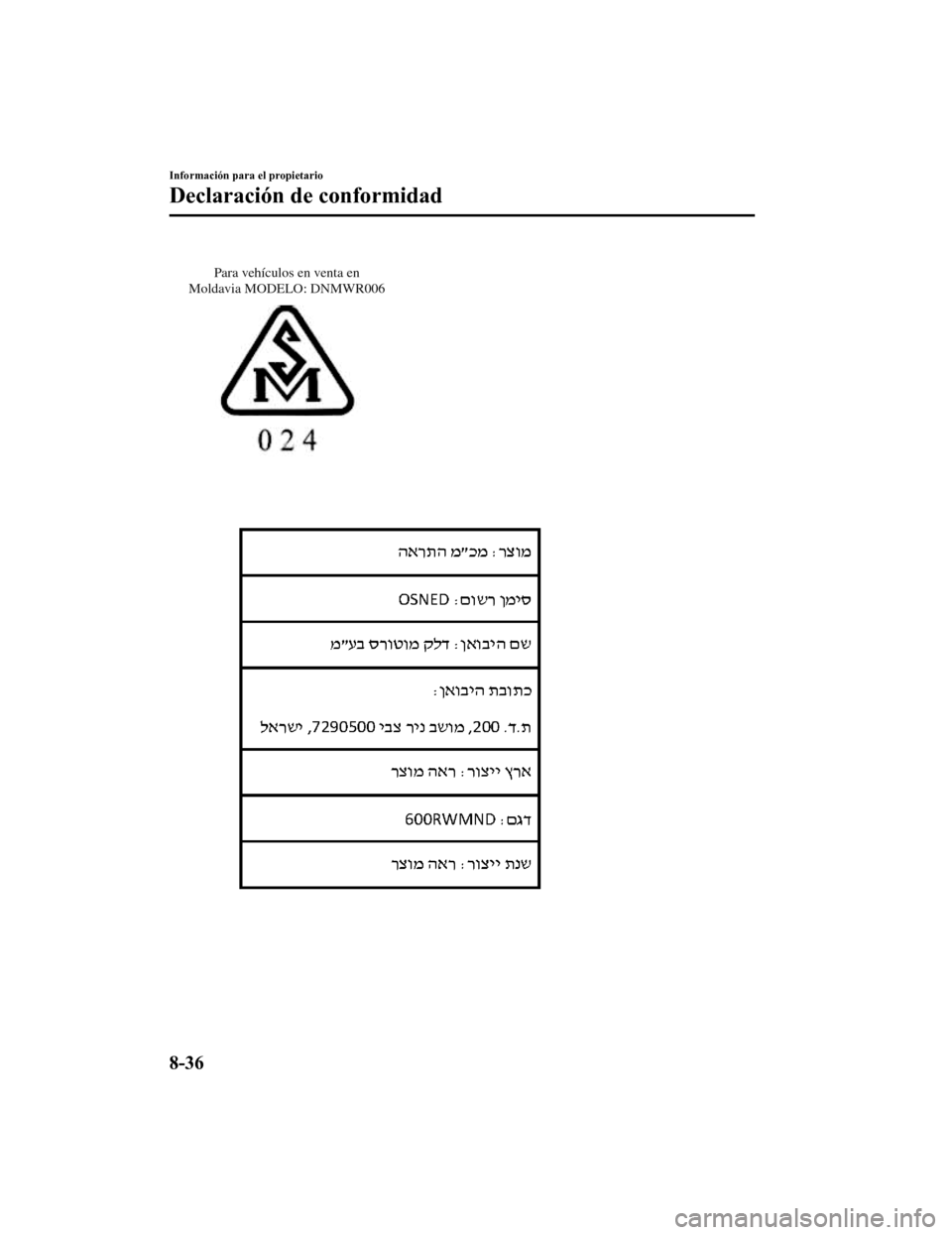 MAZDA MODEL 6 2020  Manual del propietario (in Spanish) Para vehículos en venta en 
Moldavia MODELO: DNMWR006
Información para el propietario
Declaración de conformidad
8-36
Mazda6_8GK5-SP-18C_Edition1 2018-2-27 17:57:56 