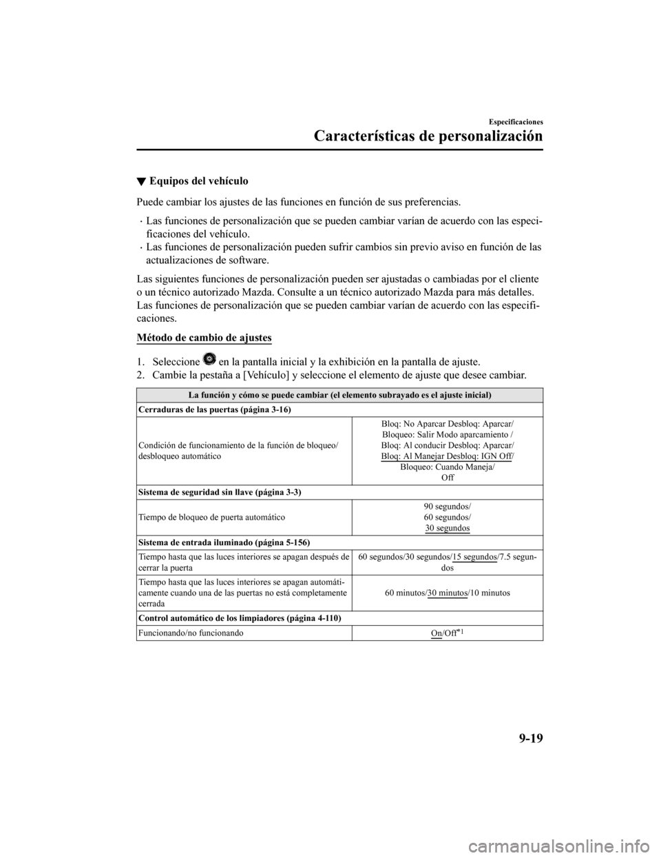 MAZDA MODEL 6 2020 Manual del propietario (in Spanish) ▼Equipos del vehículo
Puede cambiar los ajustes de las
funciones en función de sus preferencias.
•Las funciones de personalización que se pueden cambiar varían d e acuerdo con las especi-
fic MAZDA MODEL 6 2020 Manual del propietario (in Spanish) ▼Equipos del vehículo
Puede cambiar los ajustes de las
funciones en función de sus preferencias.
•Las funciones de personalización que se pueden cambiar varían d e acuerdo con las especi-
fic