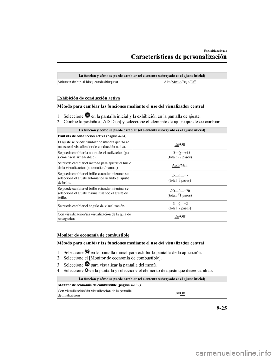 MAZDA MODEL 6 2020 Manual del propietario (in Spanish) La función y cómo se puede cambiar (el elemento subrayado es el ajuste inicial)
Volumen de bip al bloque ar/desbloquear Alto/Medio
/Bajo/Off
Exhibición de conducción activa
Método para cambiar MAZDA MODEL 6 2020 Manual del propietario (in Spanish) La función y cómo se puede cambiar (el elemento subrayado es el ajuste inicial)
Volumen de bip al bloque ar/desbloquear Alto/Medio
/Bajo/Off
Exhibición de conducción activa
Método para cambiar