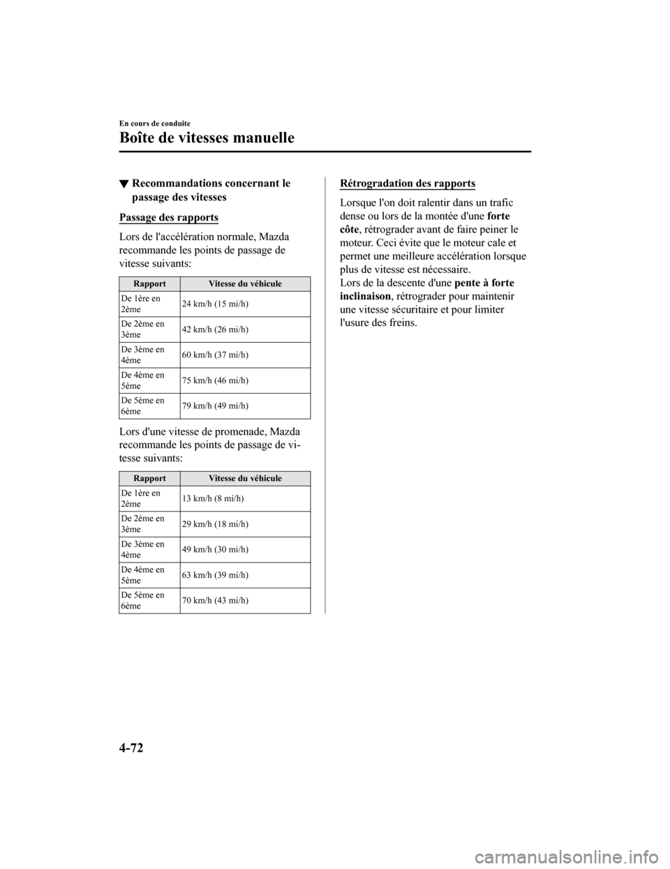 MAZDA MODEL 6 2020  Manuel du propriétaire (in French) ▼Recommandations concernant le
passage des vitesses
Passage des rapports
Lors de laccélération normale, Mazda
recommande les points de passage de
vitesse suivants:
Rapport Vitesse du véhicule
De