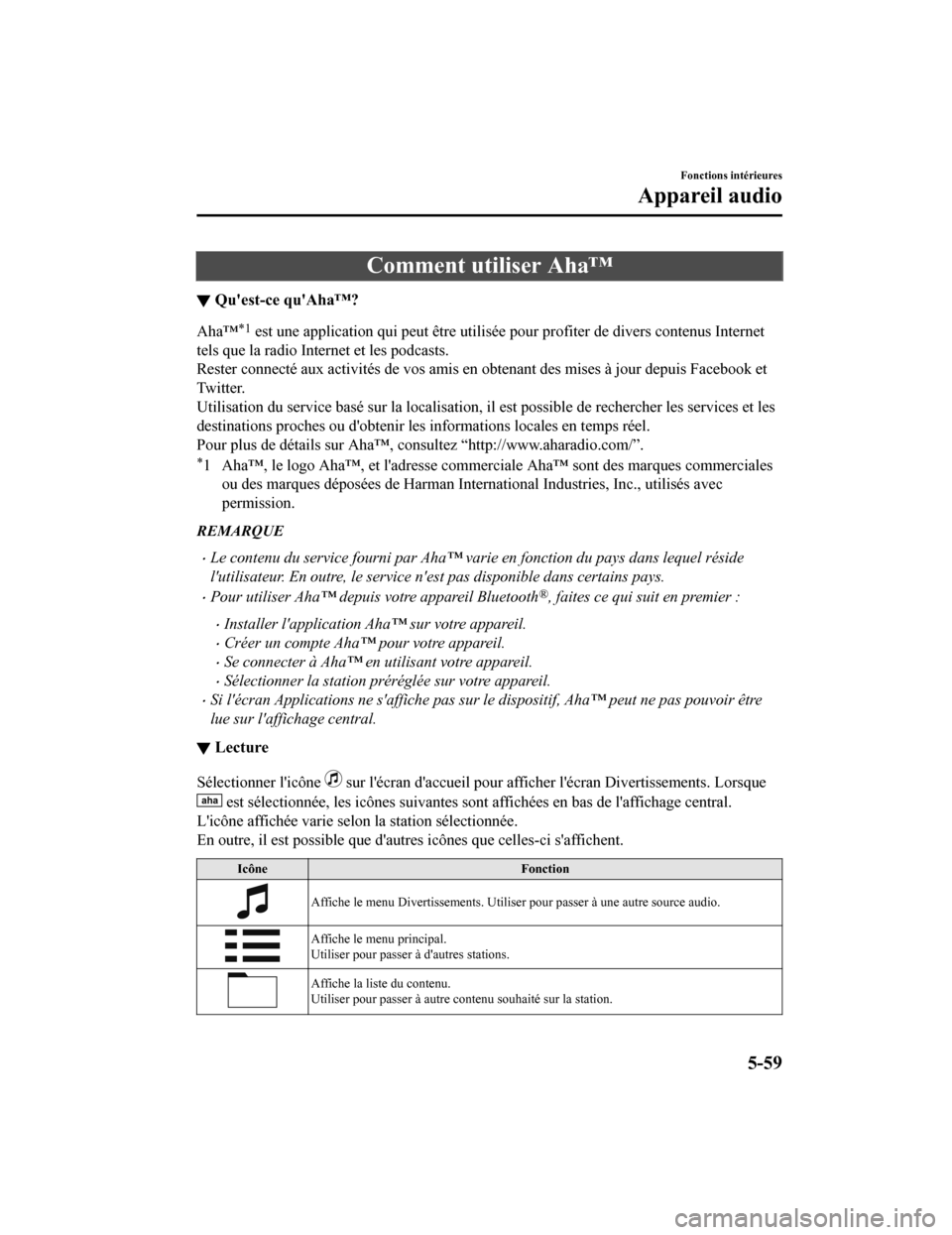 MAZDA MODEL 6 2020 Manuel du propriétaire (in French) Comment utiliser Aha™
▼Quest-ce quAha™?
Aha™*1 est une application qui peut être utilisée pour profiter de di
vers contenus Internet
tels que la radio Internet et les podcasts.
Rester conn MAZDA MODEL 6 2020 Manuel du propriétaire (in French) Comment utiliser Aha™
▼Quest-ce quAha™?
Aha™*1 est une application qui peut être utilisée pour profiter de di
vers contenus Internet
tels que la radio Internet et les podcasts.
Rester conn