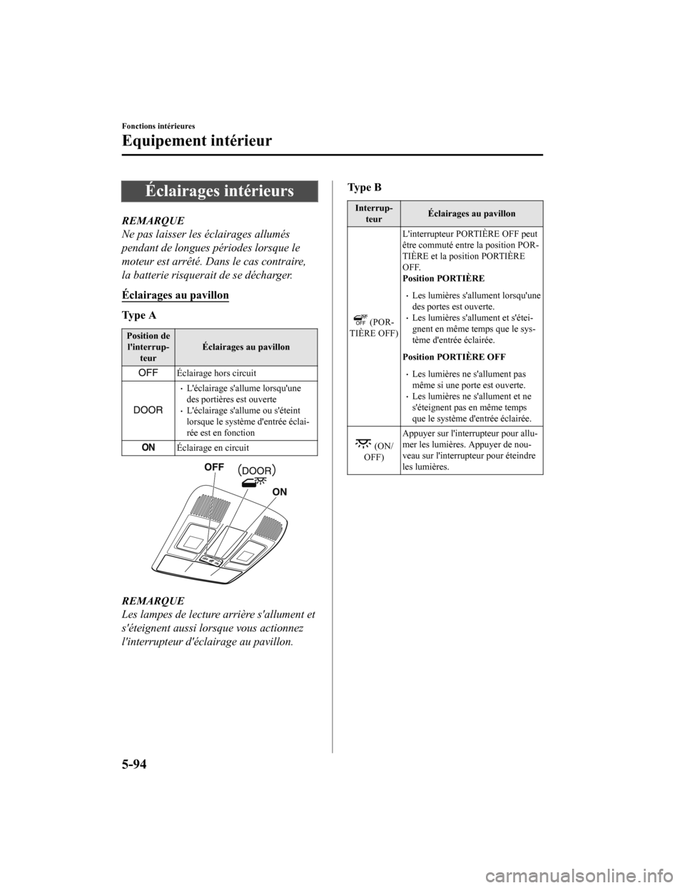 MAZDA MODEL 6 2020 Manuel du propriétaire (in French) Éclairages intérieurs
REMARQUE
Ne pas laisser les éclairages allumés
pendant de longues périodes lorsque le
moteur est arrêté. Dans le cas contraire,
la batterie risquerait de se décharger.
É MAZDA MODEL 6 2020 Manuel du propriétaire (in French) Éclairages intérieurs
REMARQUE
Ne pas laisser les éclairages allumés
pendant de longues périodes lorsque le
moteur est arrêté. Dans le cas contraire,
la batterie risquerait de se décharger.
É
