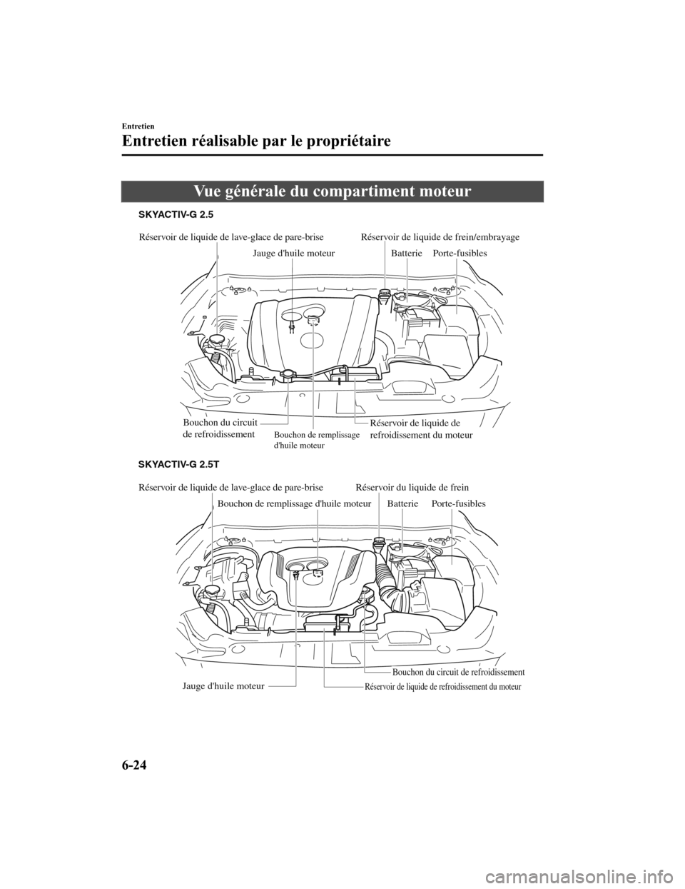 MAZDA MODEL 6 2020 Manuel du propriétaire (in French) Vue générale du compartiment moteur
Réservoir de liquide de lave-glace de pare-brise
Bouchon de remplissage dhuile moteur
Jauge dhuile moteur BatteriePorte-fusibles
Bouchon du circuit de refroidi MAZDA MODEL 6 2020 Manuel du propriétaire (in French) Vue générale du compartiment moteur
Réservoir de liquide de lave-glace de pare-brise
Bouchon de remplissage dhuile moteur
Jauge dhuile moteur BatteriePorte-fusibles
Bouchon du circuit de refroidi