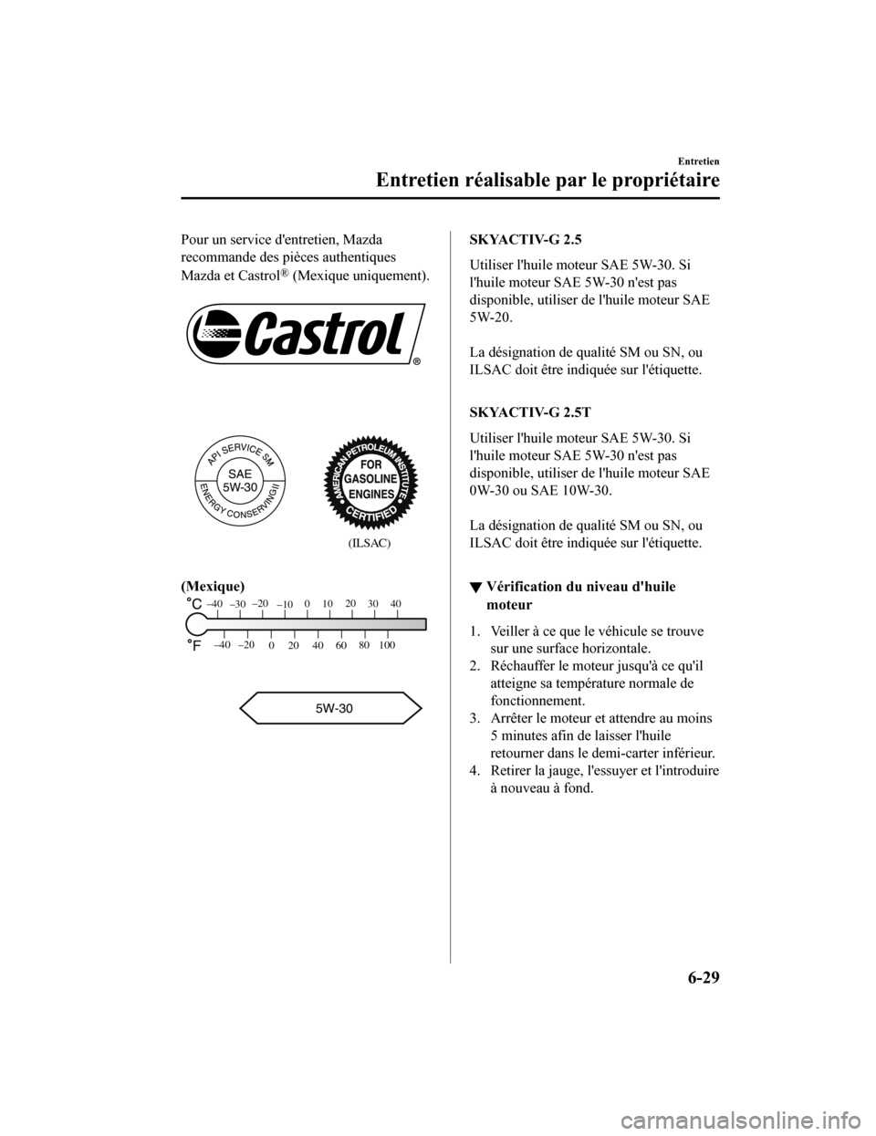 MAZDA MODEL 6 2020 Manuel du propriétaire (in French) Pour un service dentretien, Mazda
recommande des pièces authentiques
Mazda et Castrol
® (Mexique uniquement).
(ILSAC)
(Mexique)
80
60
40
20
0
–40 –20
30
100
40
20
10
0
–10
–20
–30
– MAZDA MODEL 6 2020 Manuel du propriétaire (in French) Pour un service dentretien, Mazda
recommande des pièces authentiques
Mazda et Castrol
® (Mexique uniquement).
(ILSAC)
(Mexique)
80
60
40
20
0
–40 –20
30
100
40
20
10
0
–10
–20
–30
–
