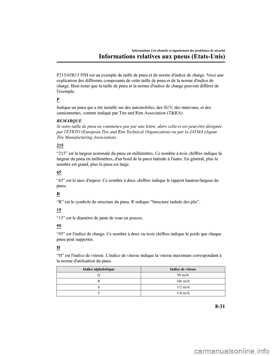 MAZDA MODEL 6 2020 Manuel du propriétaire (in French) P215/65R15 95H est un exemple de taille de pneu et de norme dindice de charge. Voici une
explication des différents composants de cette taille de pneu e t de la norme dindice de
charge. Bien noter MAZDA MODEL 6 2020 Manuel du propriétaire (in French) P215/65R15 95H est un exemple de taille de pneu et de norme dindice de charge. Voici une
explication des différents composants de cette taille de pneu e t de la norme dindice de
charge. Bien noter
