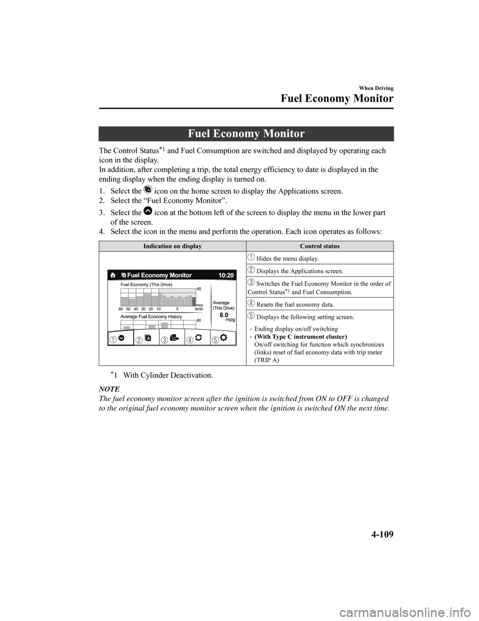 MAZDA MODEL 6 2019  Owners Manual (in English) Fuel Economy Monitor
The Control Status*1 and Fuel Consumption are switched and displayed by operating each
icon in the display.
In addition, after completing a t rip, the total energy efficiency to d