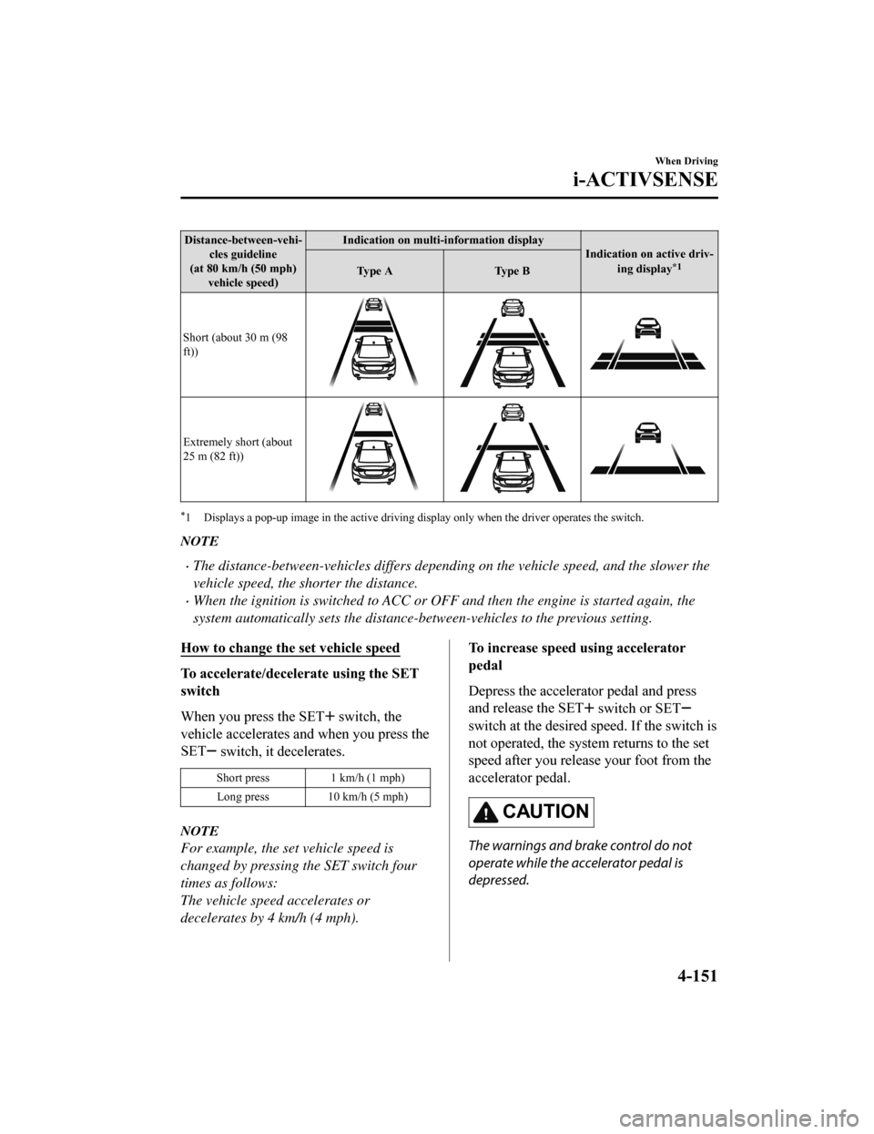 MAZDA MODEL 6 2019   (in English) Owners Manual Distance-between-vehi‐cles guideline
(at 80 km/h (50 mph) vehicle speed) Indication on multi-information display
Indication on active driv‐
ing display
*1Ty p e   A Ty p e   B
Short (about 30 m (9