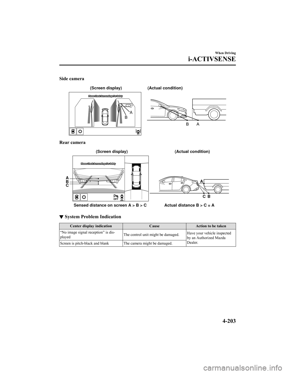 MAZDA MODEL 6 2019 Owners Manual (in English) Side camera
(Actual condition)
(Screen display)
Rear camera
(Actual condition)
Sensed distance on screen A > B > C Actual distance B > C = A A
A
B
B
C
C (Screen display)
▼
System Problem Indication
MAZDA MODEL 6 2019 Owners Manual (in English) Side camera
(Actual condition)
(Screen display)
Rear camera
(Actual condition)
Sensed distance on screen A > B > C Actual distance B > C = A A
A
B
B
C
C (Screen display)
▼
System Problem Indication