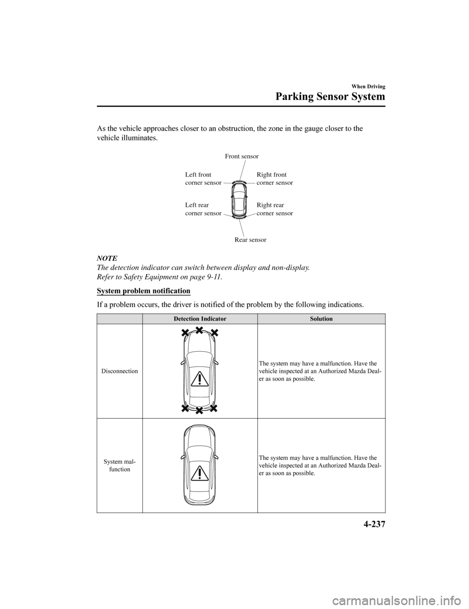 MAZDA MODEL 6 2019 (in English) Repair Manual As the vehicle approaches closer to an obstruction, the zone in the gauge closer to the
vehicle illuminates.
Rear sensor
Left front
corner sensor
Left rear
corner sensor
Right front
corner sensor MAZDA MODEL 6 2019 (in English) Repair Manual As the vehicle approaches closer to an obstruction, the zone in the gauge closer to the
vehicle illuminates.
Rear sensor
Left front
corner sensor
Left rear
corner sensor
Right front
corner sensor