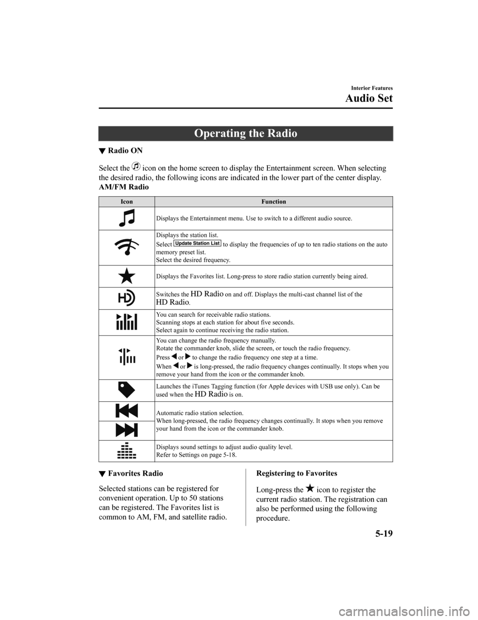 MAZDA MODEL 6 2019 Owners Manual (in English) Operating the Radio
▼Radio ON
Select the icon on the home screen to disp
lay the Entertainment screen. When selecting
the desired radio, the following icons are indicated in the low er part of the MAZDA MODEL 6 2019 Owners Manual (in English) Operating the Radio
▼Radio ON
Select the icon on the home screen to disp
lay the Entertainment screen. When selecting
the desired radio, the following icons are indicated in the low er part of the