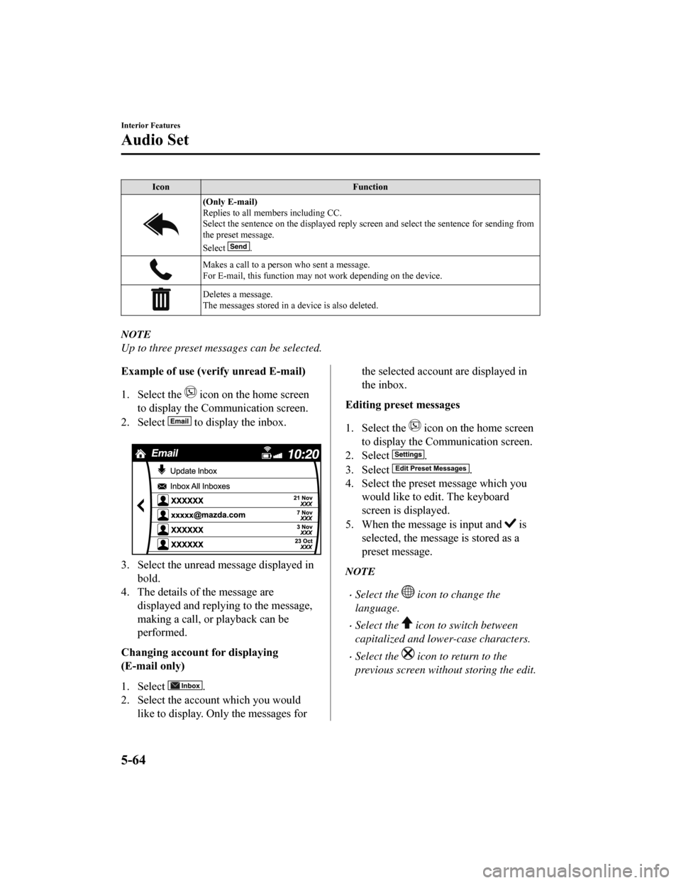 MAZDA MODEL 6 2019 Owners Manual (in English) IconFunction
(Only E-mail)
Replies to all members including CC.
Select the sentence on the displayed reply screen and select the sentence for sending from
the preset message.
Select
.
Makes a call to MAZDA MODEL 6 2019 Owners Manual (in English) IconFunction
(Only E-mail)
Replies to all members including CC.
Select the sentence on the displayed reply screen and select the sentence for sending from
the preset message.
Select
.
Makes a call to