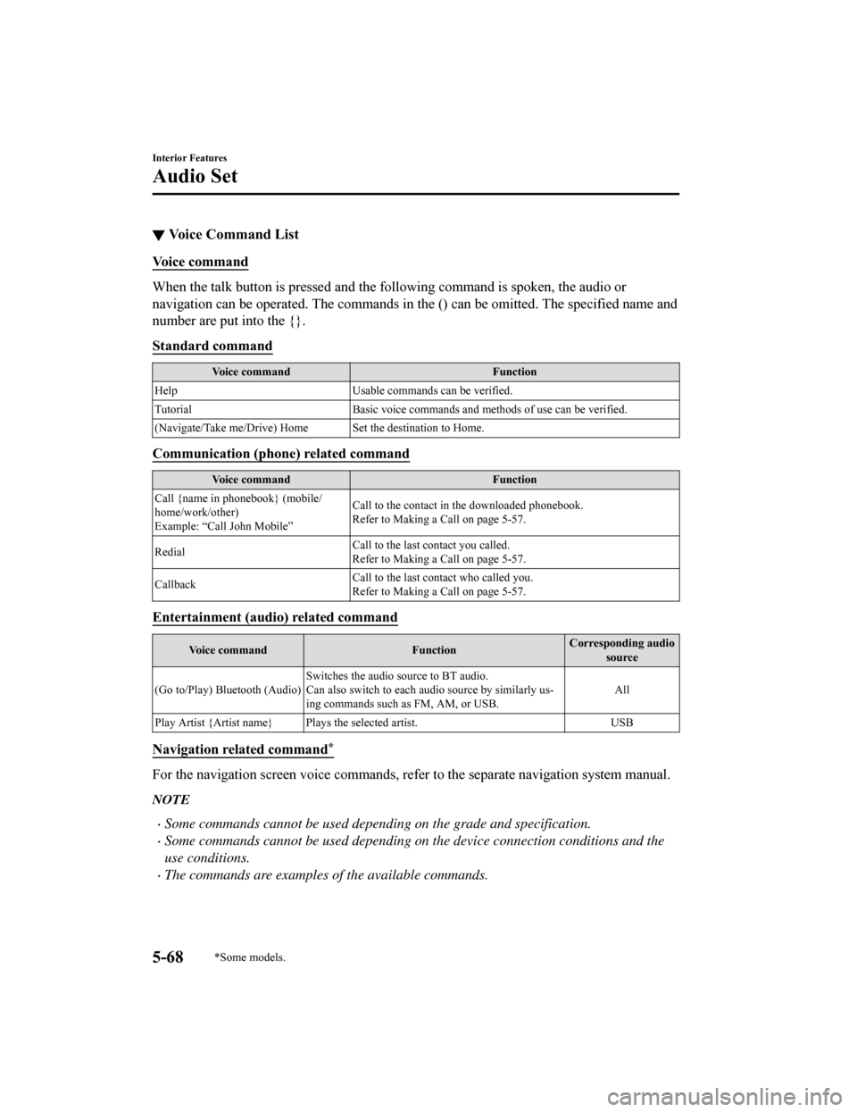 MAZDA MODEL 6 2019 (in English) User Guide ▼Voice Command List
Voice command
When the talk button is pressed and the following command is sp
oken, the audio or
navigation can be operated. The commands in the () can be omitt ed. The specified MAZDA MODEL 6 2019 (in English) User Guide ▼Voice Command List
Voice command
When the talk button is pressed and the following command is sp
oken, the audio or
navigation can be operated. The commands in the () can be omitt ed. The specified
