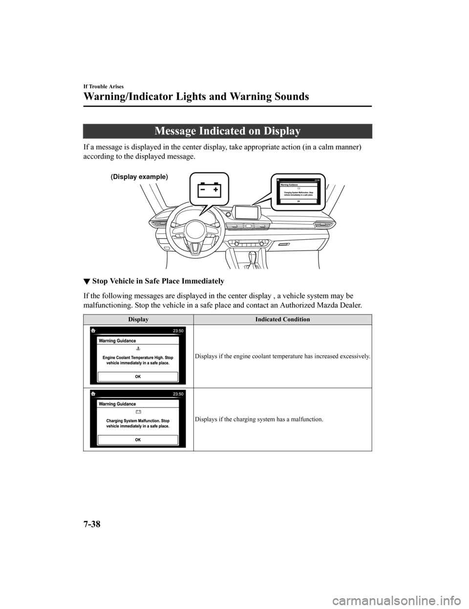 MAZDA MODEL 6 2019 Owners Manual (in English) Message Indicated on Display
If a message is displayed in the center display, take appropriate action (in a calm manner)
according to the displayed message.
(Display example)
▼ Stop Vehicle in Saf MAZDA MODEL 6 2019 Owners Manual (in English) Message Indicated on Display
If a message is displayed in the center display, take appropriate action (in a calm manner)
according to the displayed message.
(Display example)
▼ Stop Vehicle in Saf