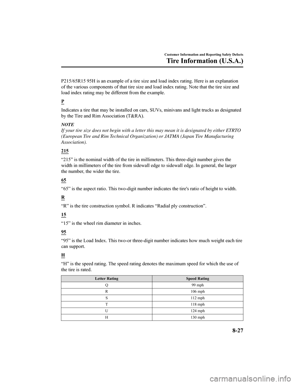 MAZDA MODEL 6 2019 (in English) User Guide P215/65R15 95H is an example of a tire size and load index rating. Here is an explanation
of the various components of that tire size and load index rati ng. Note that the tire size and
load index rat MAZDA MODEL 6 2019 (in English) User Guide P215/65R15 95H is an example of a tire size and load index rating. Here is an explanation
of the various components of that tire size and load index rati ng. Note that the tire size and
load index rat